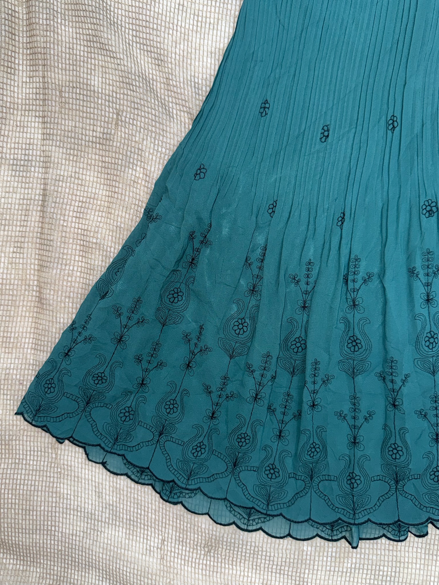 Fairycore Peacock Green Flared Skirt with Scalloped Lace Edge