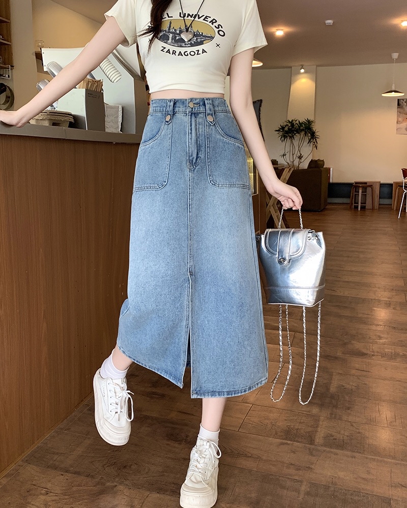 B352(65458) 韩版JEANS单钮扣带双边直角口袋前部开角蓝长裙 