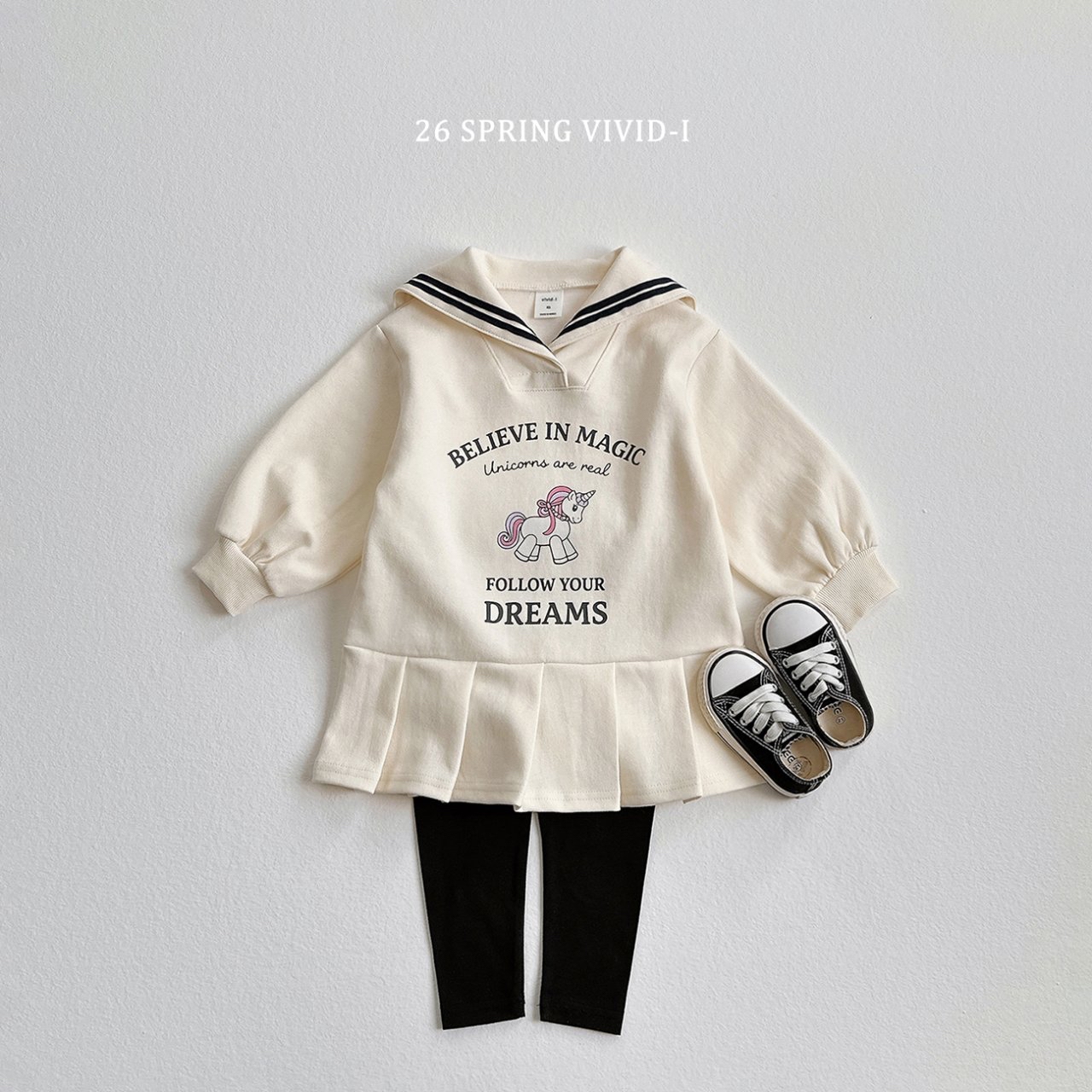 🌸預訂 韓國直送🌸🇰🇷VIVIDI四色水手領獨角獸印花長袖百摺連身裙