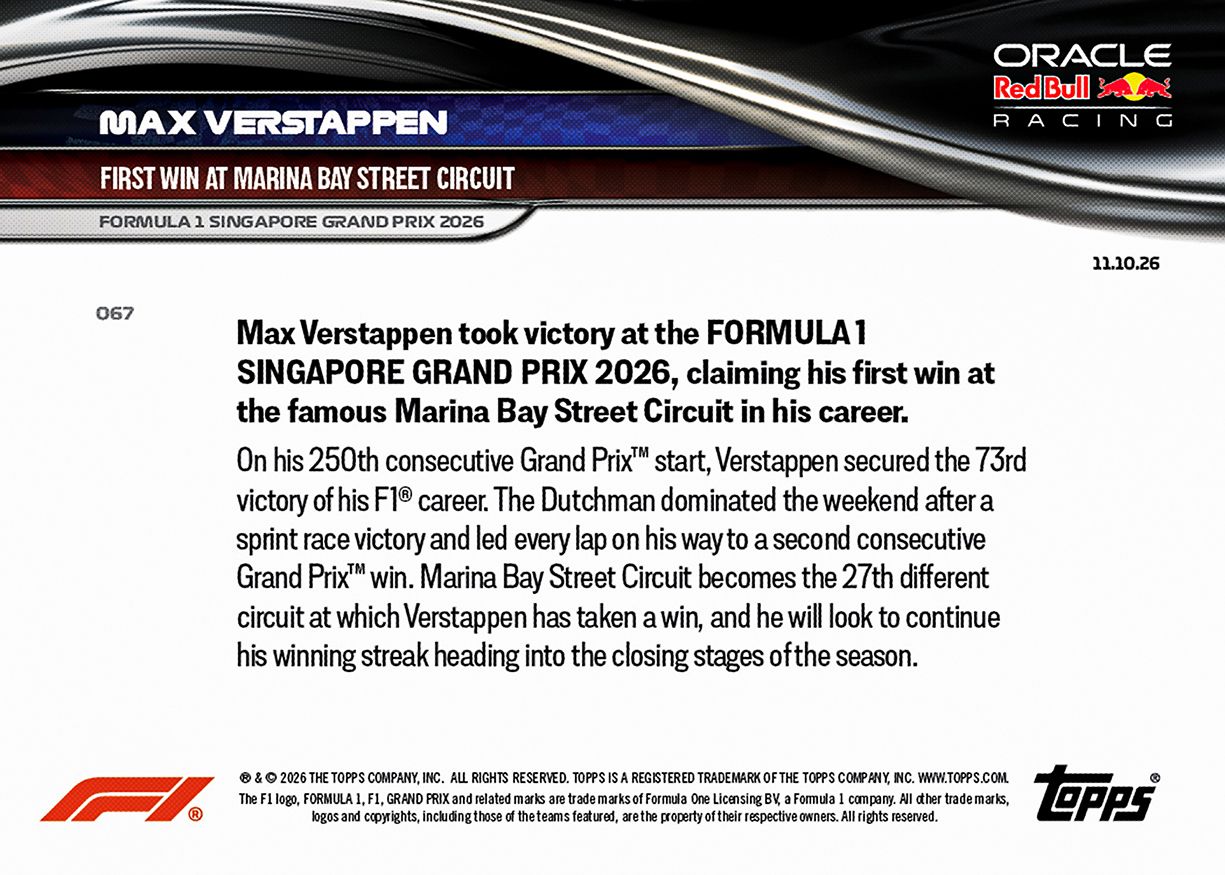 Max Verstappen - 2026 F1 Topps NOW® #67 Singapore GP 贏車卡【團購】