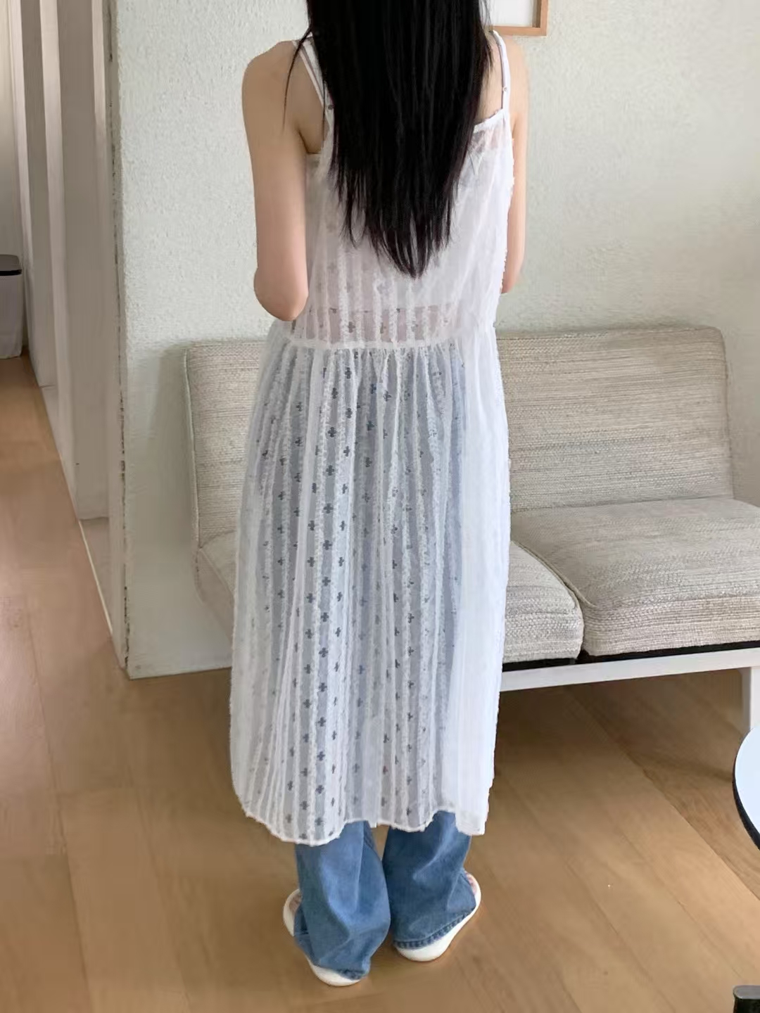 Spaghetti Strap Bow Tie Embroidered Sheer Mesh Long Top ‖ 吊带蝴蝶结绑带刺绣网纱长版上衣 KR01902203