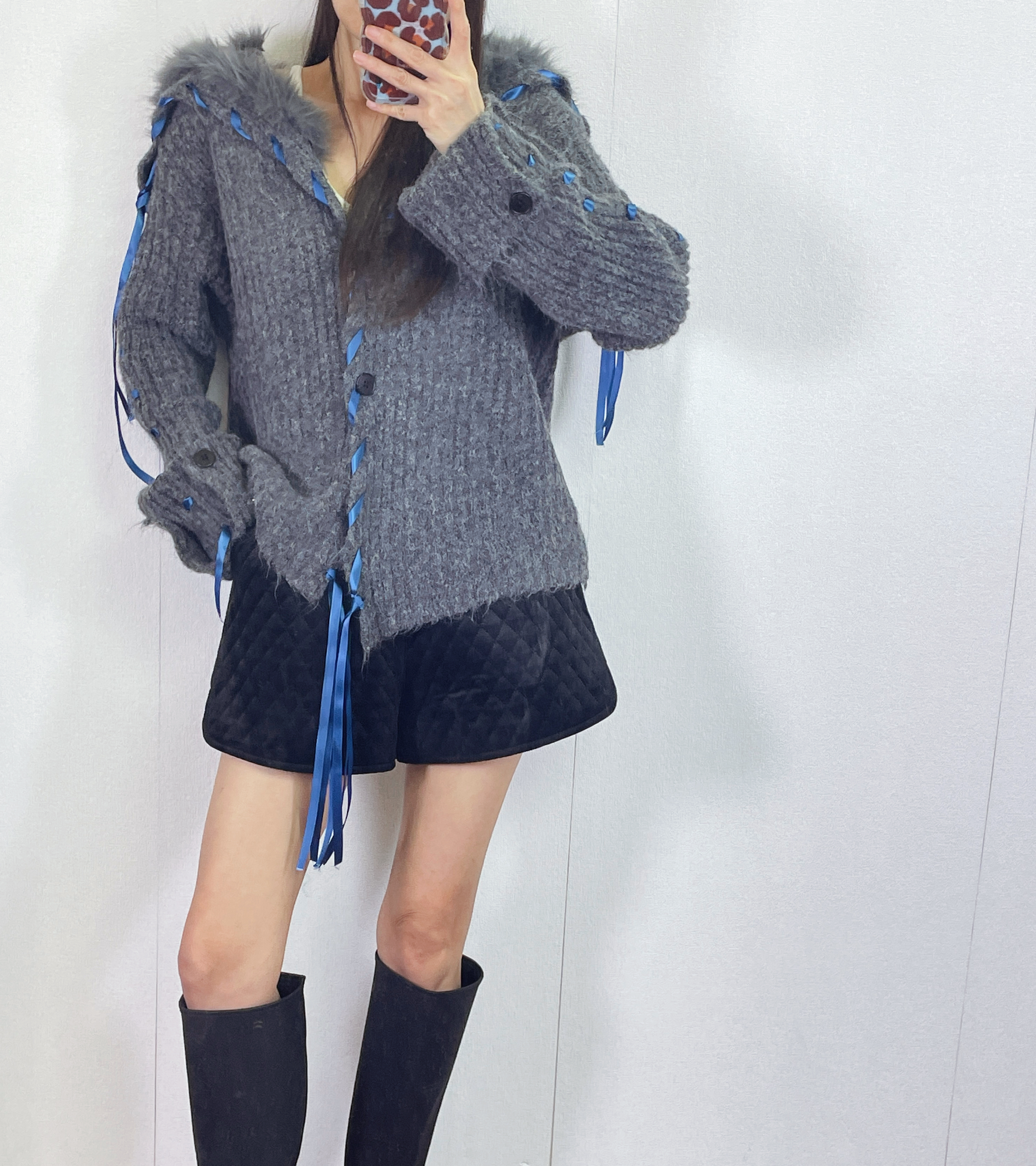 K5531 毛毛領拼絲帶針織外套