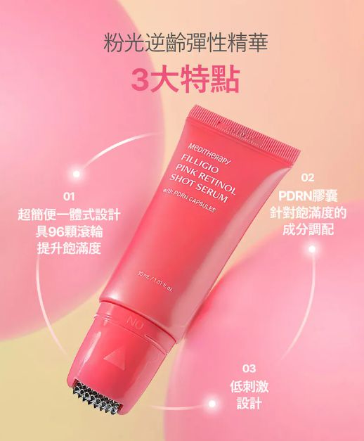 $120支。Meditherapy 粉紅視黃醇逆齡彈性煥膚滾輪精華 30ml