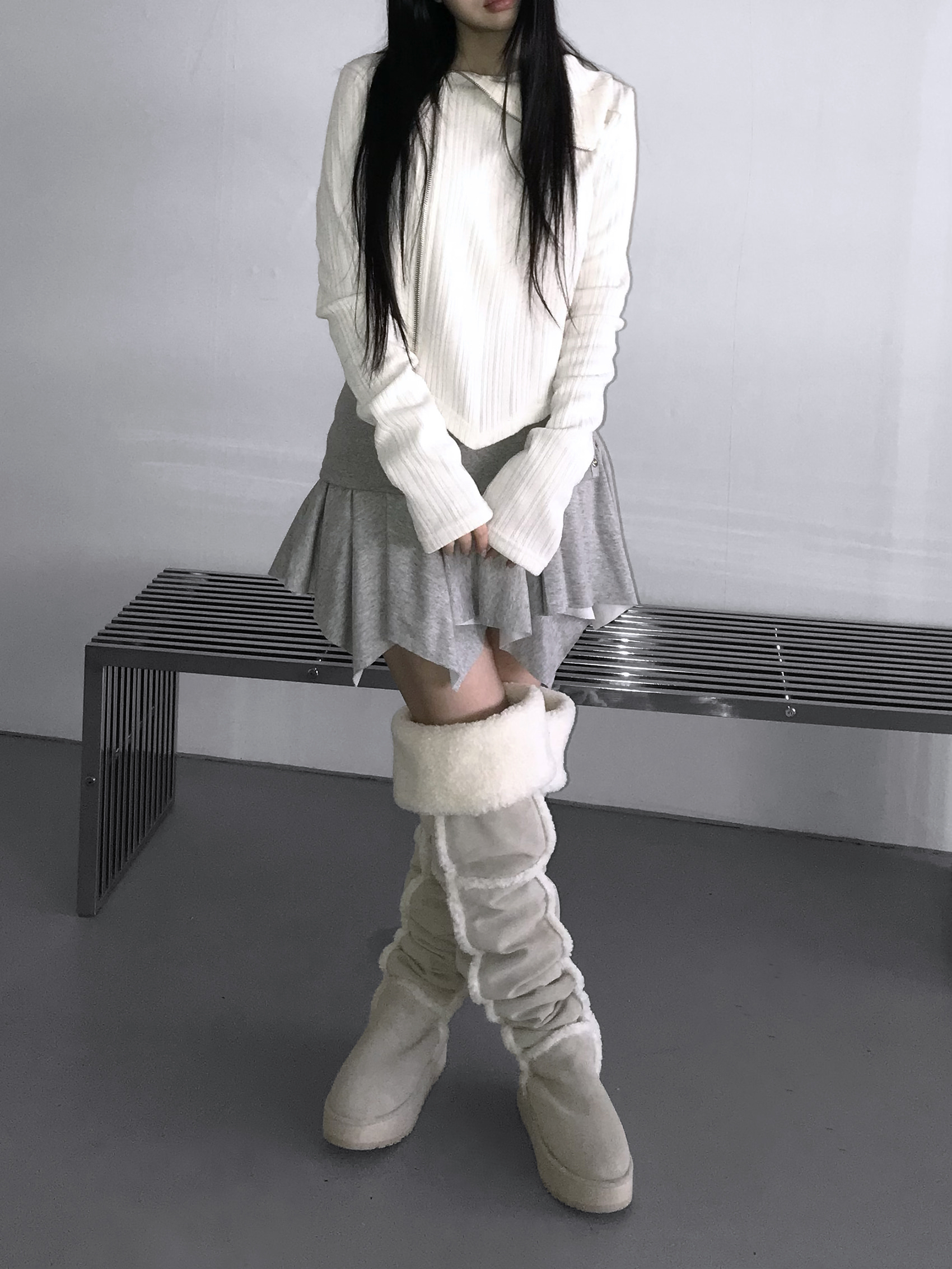 Asymmetric Zip-Up Ribbed Jacket