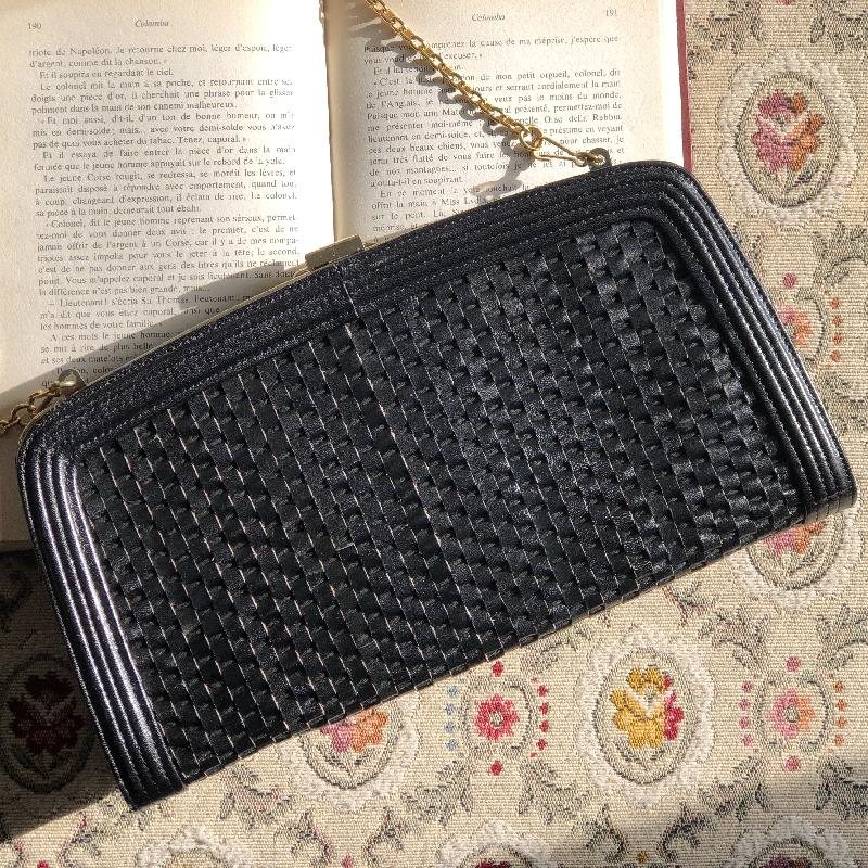 Vintage Black Weaving Leather Strips Two-Way Clutch/Shoulder Bag from Japan (MT1628)