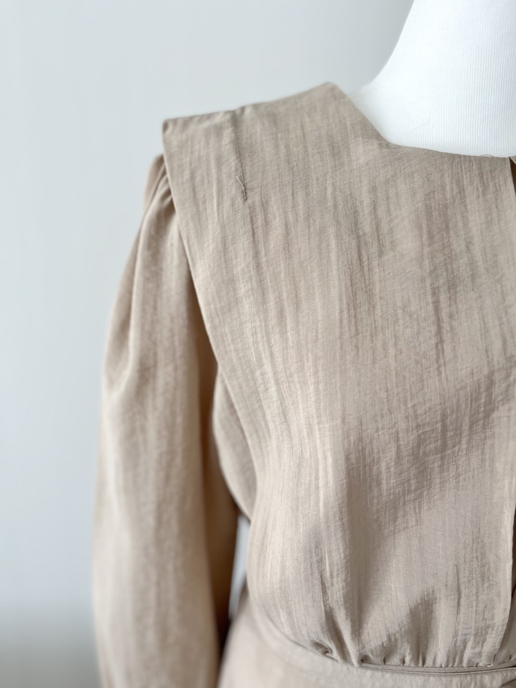 Pleated Yoke Detail Dress (Beige)