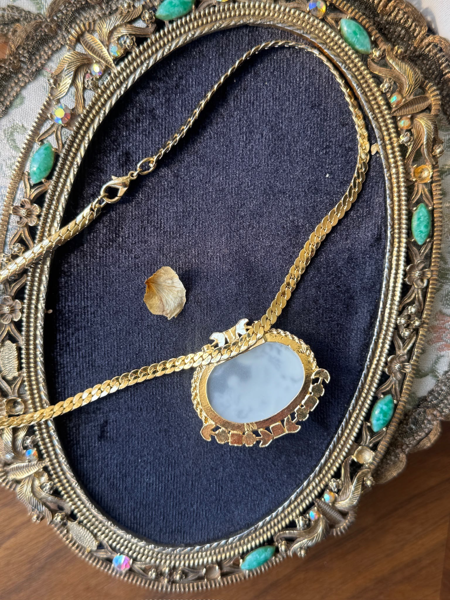 C.a. 1970s Neoclassical Snowy Resin Bas-Relief Cameo Princess Necklace (MT2266)