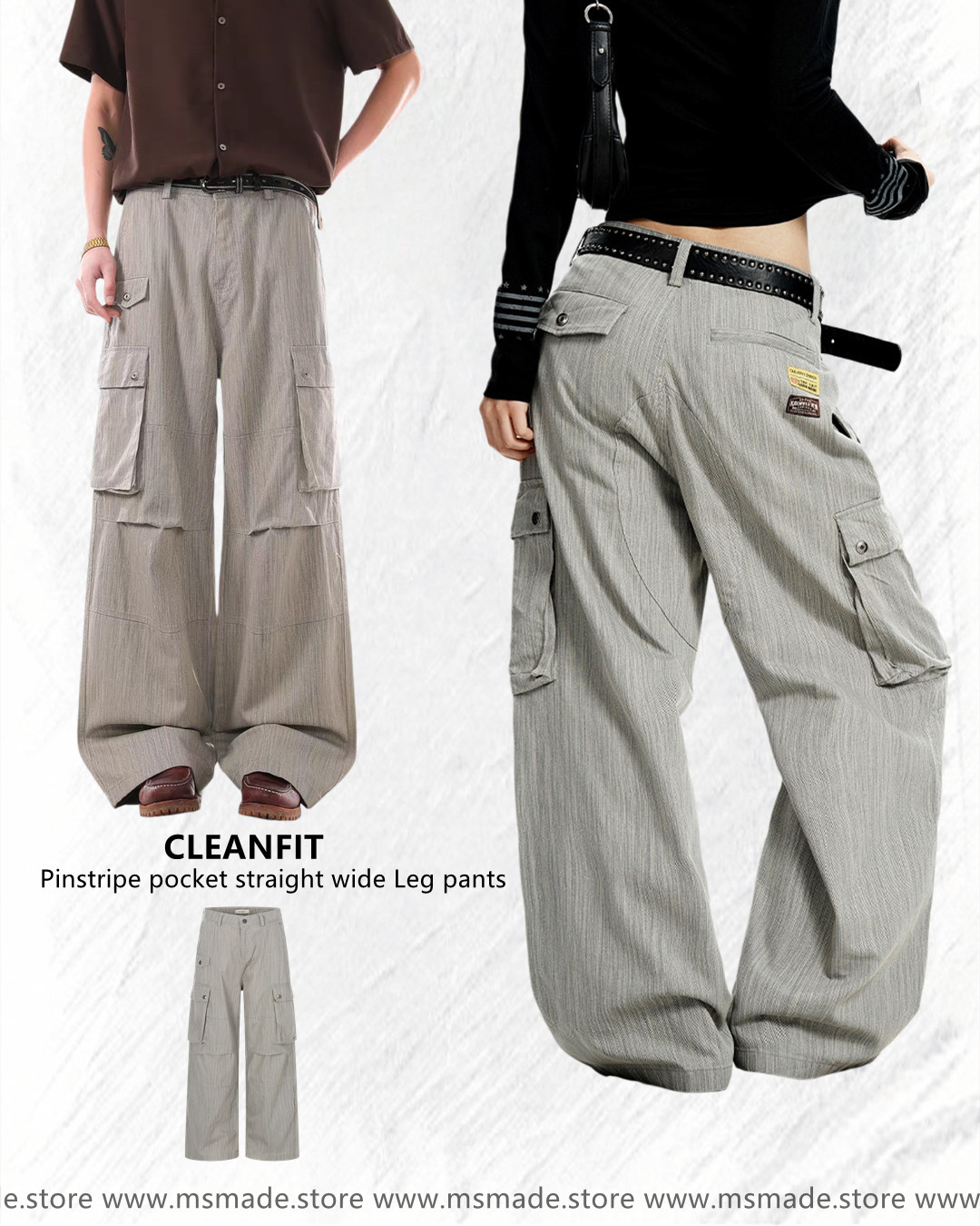 M6986直紋口袋直筒闊腿褲