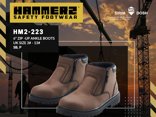 HAMMER 2 SAFETY FOOTWEAR HM2-223 6'' Zip-Up Ankle Boots SIRIM and DOSH Approved Shoes Kasut Keselamatan