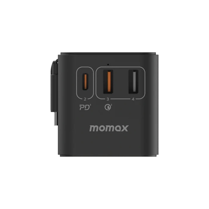 Momax 1-World+ 70W GaN 3插口及內置伸縮USB-C充電線旅行插座(黑色)