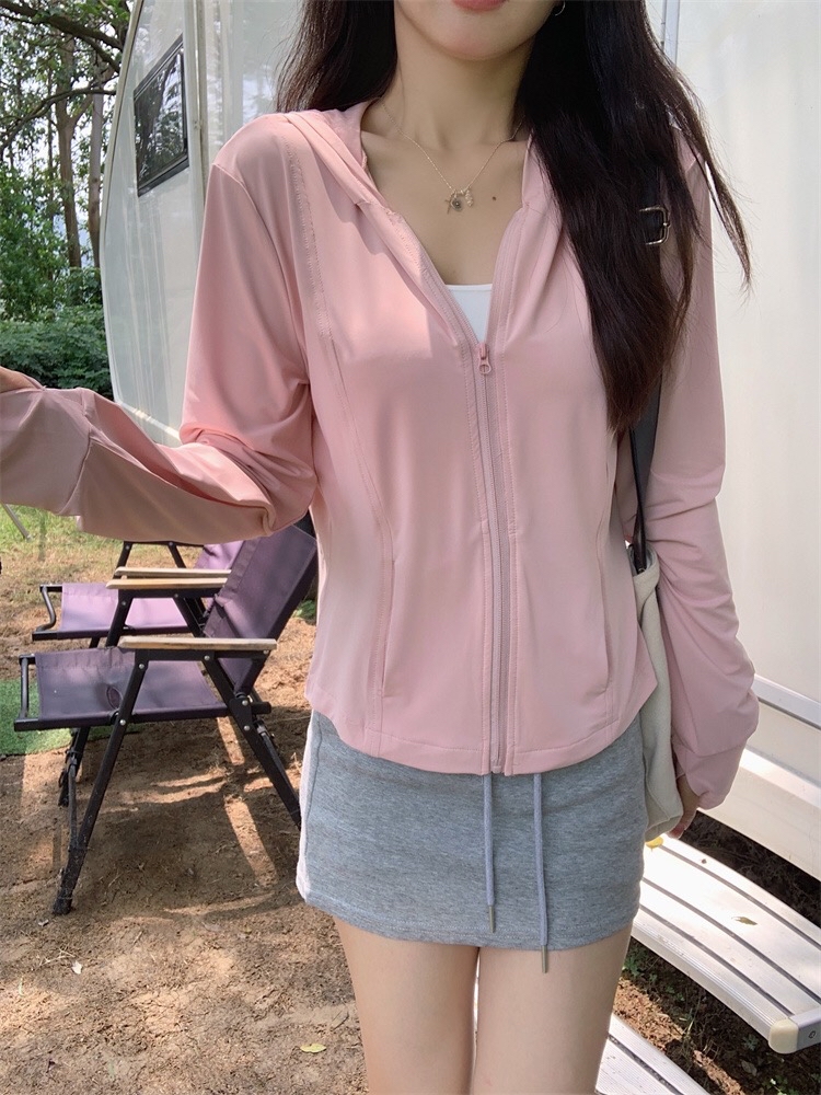 B121(0601) 韩系冰丝防晒休闲风前排拉链连衣帽4色瑜伽服外套上衣