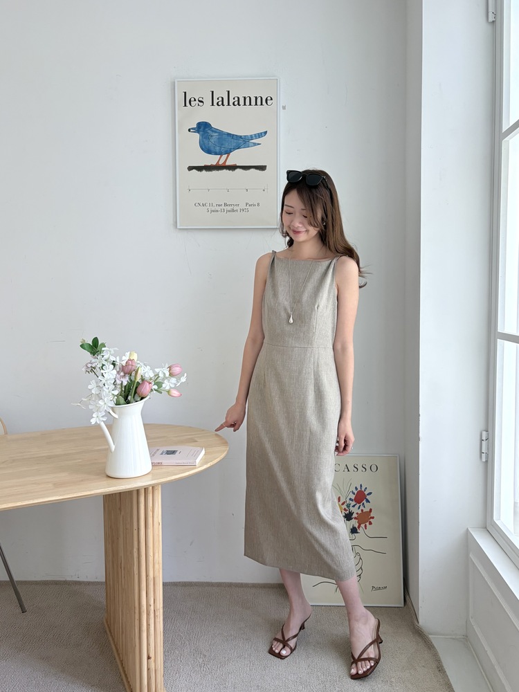 Linen Blend Twisted Strap Dress (Mocha)