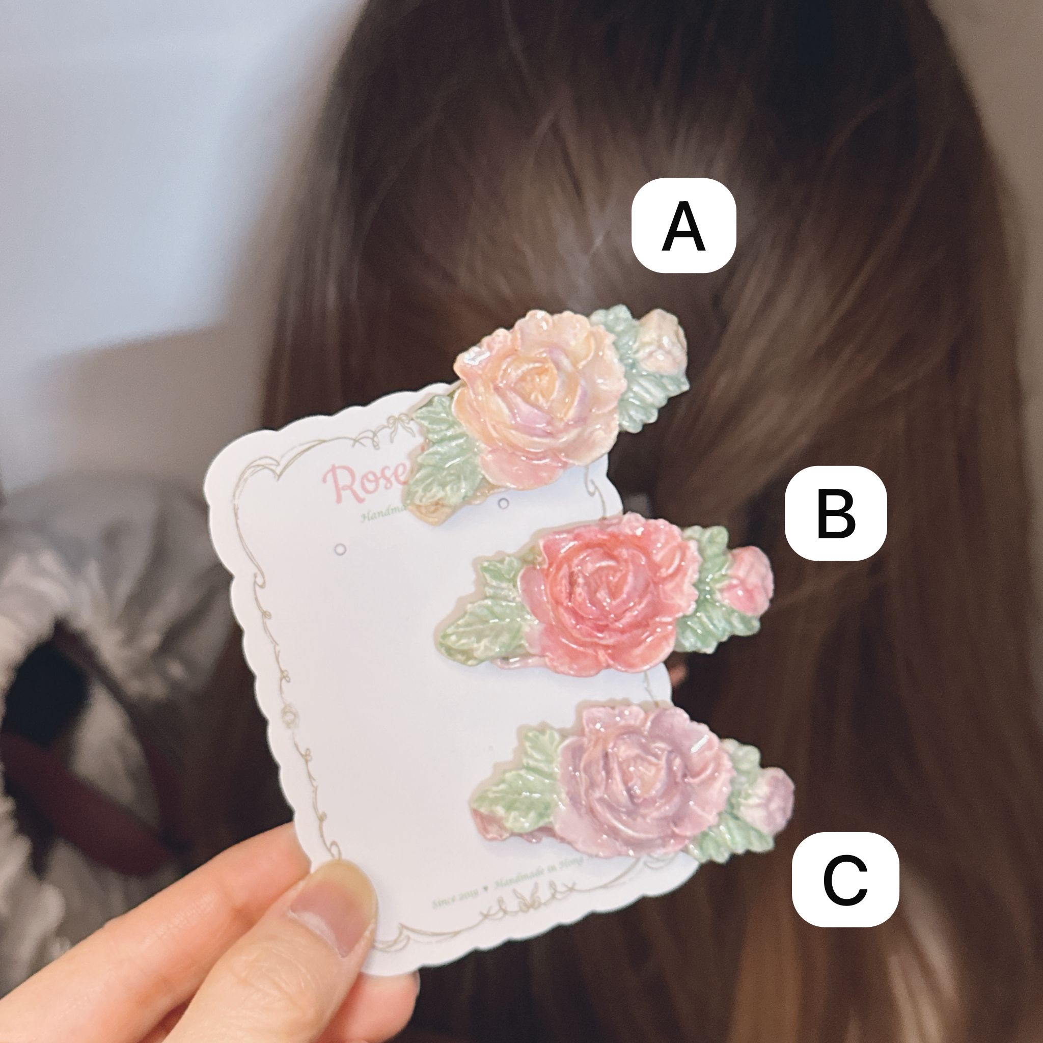 手繪淡淡玫瑰花🌹小髮夾 三色入