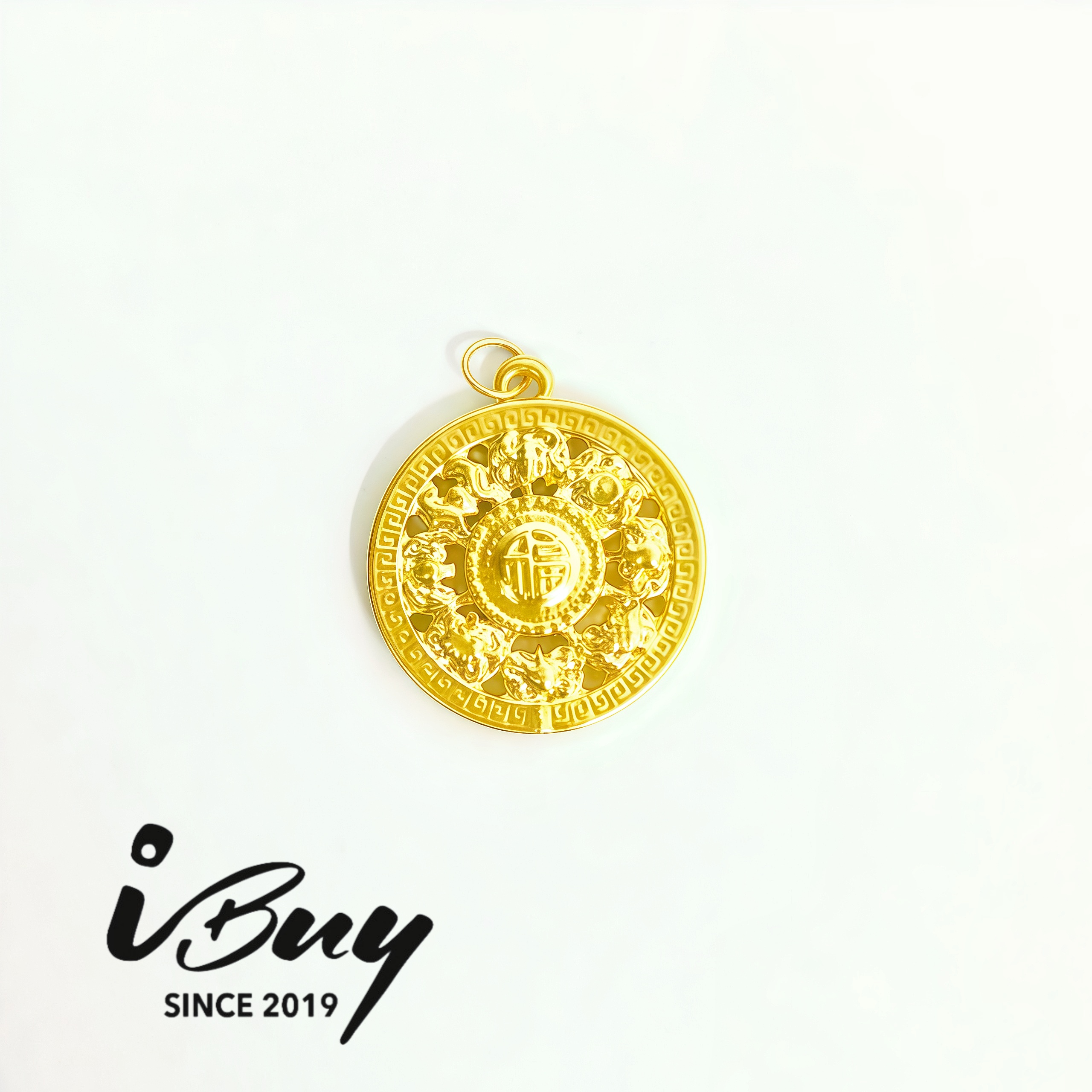 999 GOLD EIGHT AUSPICIONS DHARMA WHEEL PENDANT 999 金八宝罗盘吊坠