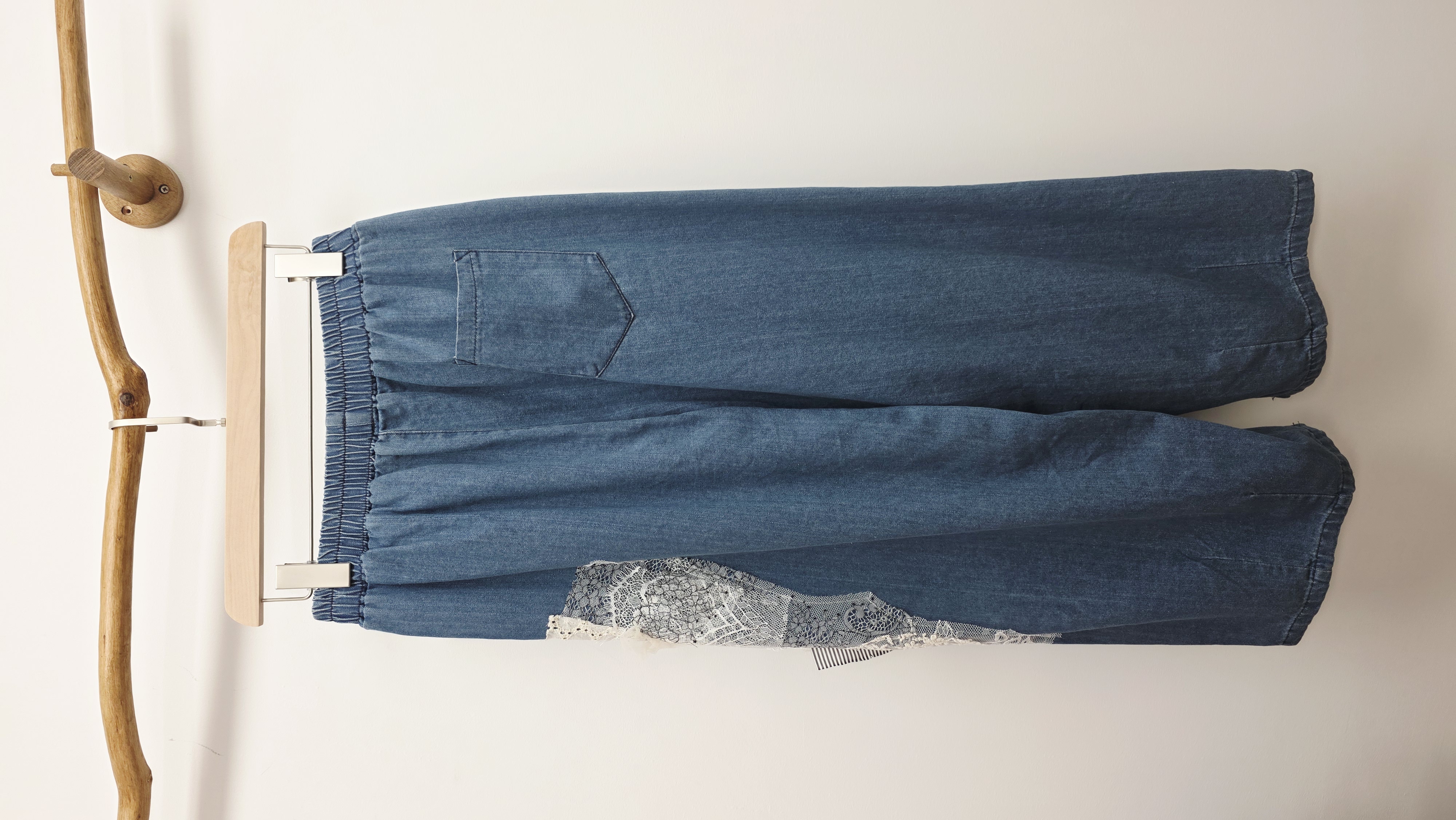 日牌藍色牛仔拼喱士橡筋褲