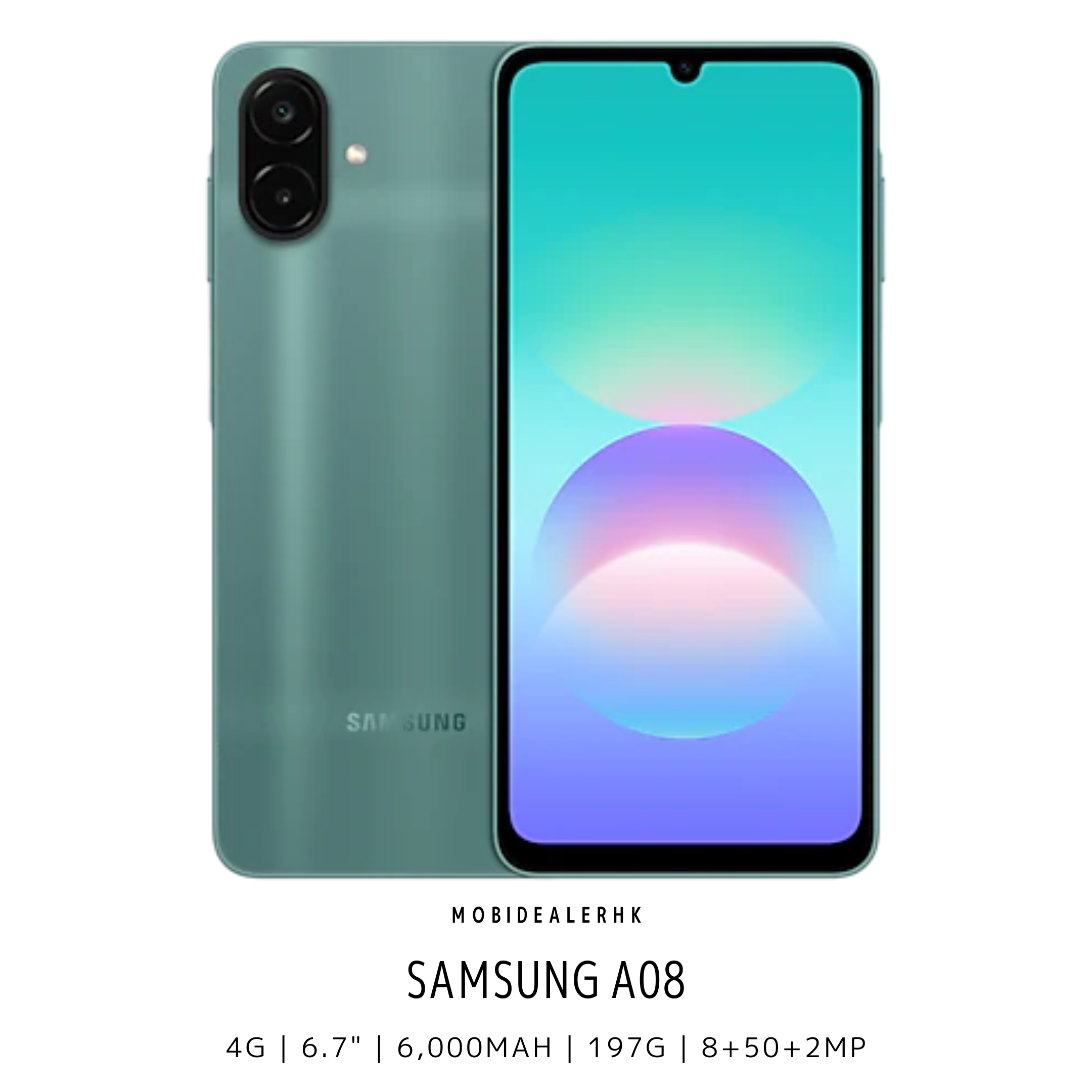 Samsung A08 | 三星 A08 | 4G | 智能手機 | 6.7 吋開闊大螢幕 | 6000mAh 超大電量續航 | 5000 萬像素主鏡頭 | 獨立三卡槽支援 2TB 擴充 | 8.0mm 纖薄手感