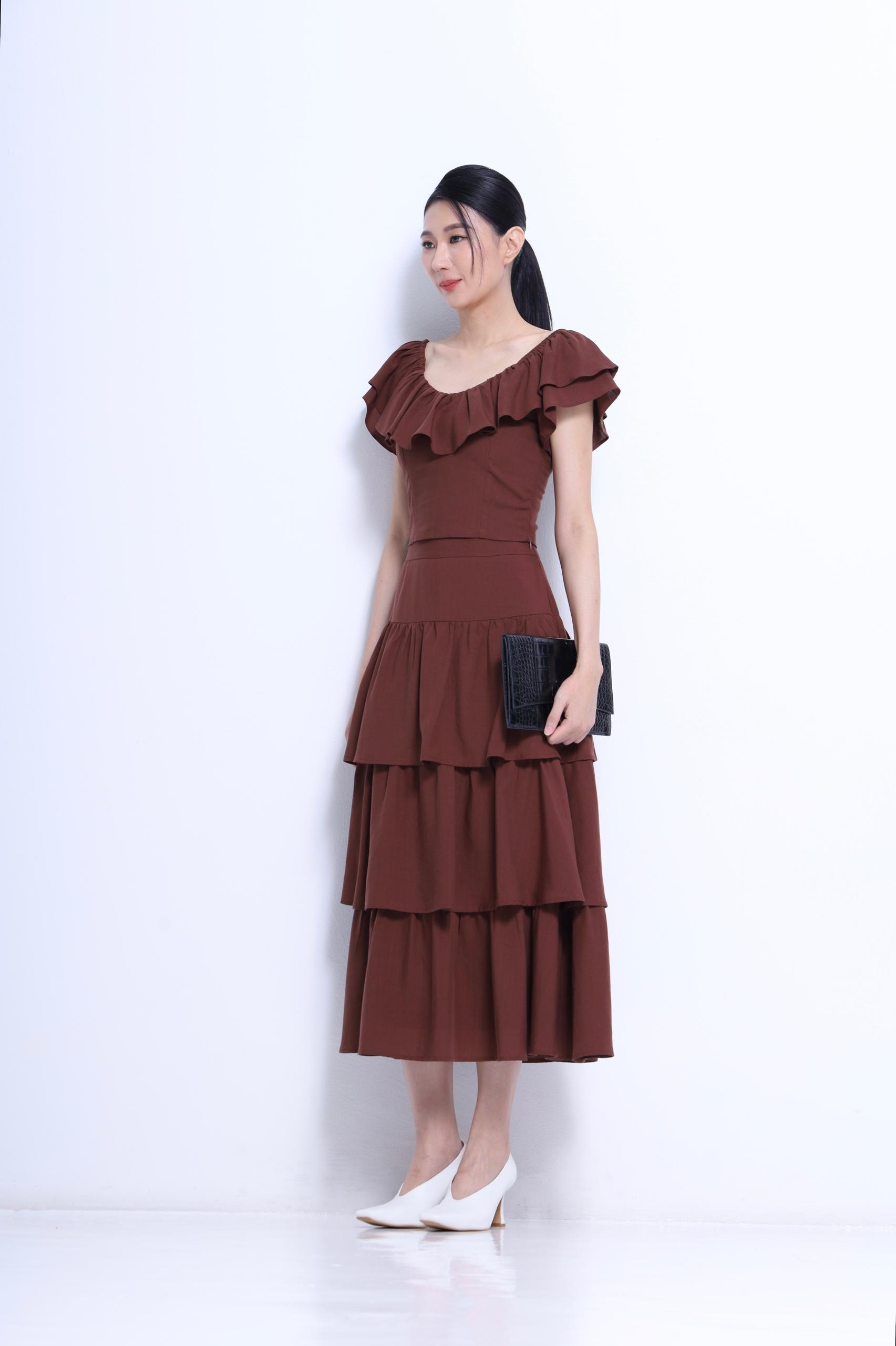 CB2763+CS1433 Ruffle Off-Shoulder Tiered Skirt Set