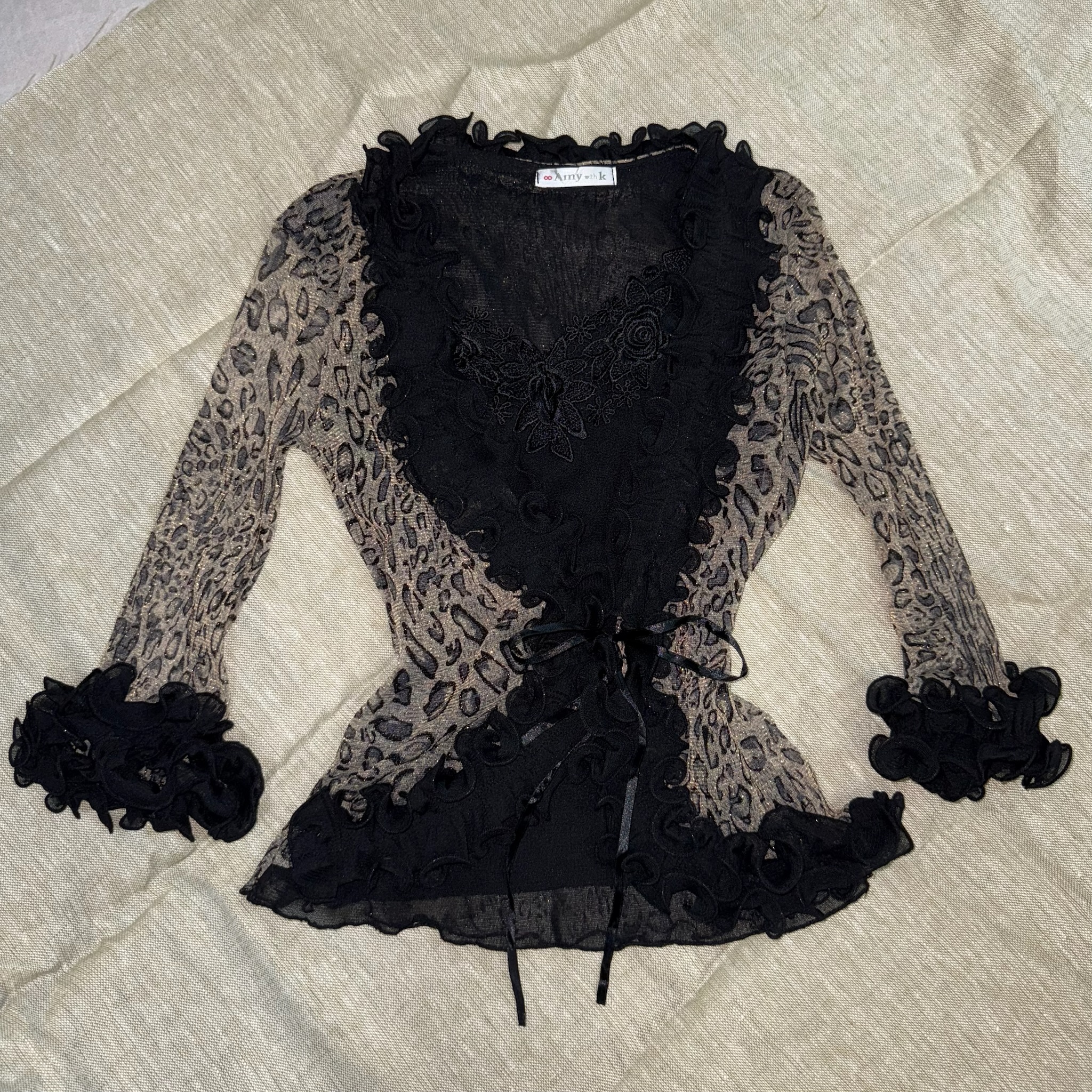  Leopard Print Lace-Up Sheer Blouse