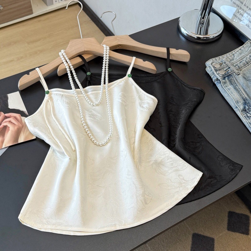 B05(0123) 新中式吊带边绿玉扣重工提花黑杏内搭 