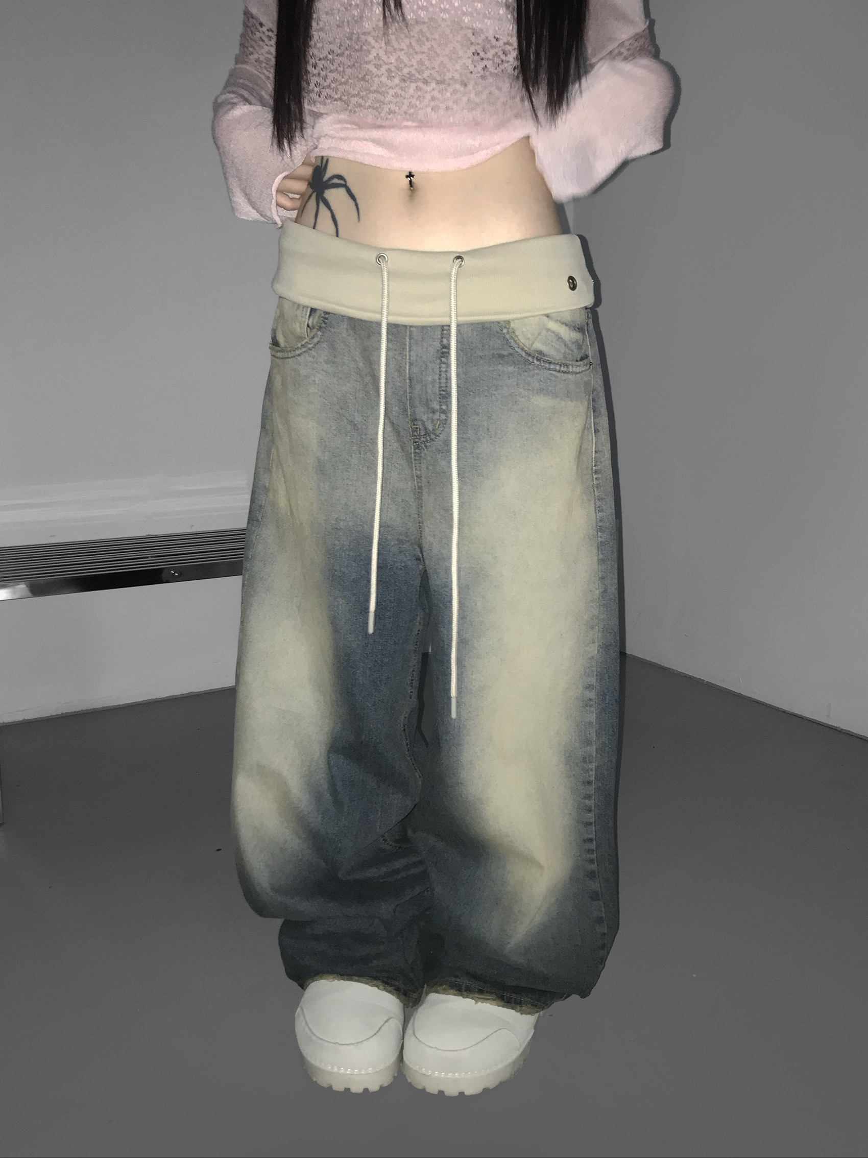 Vintage Washed Foldover-Waist Denim Pants