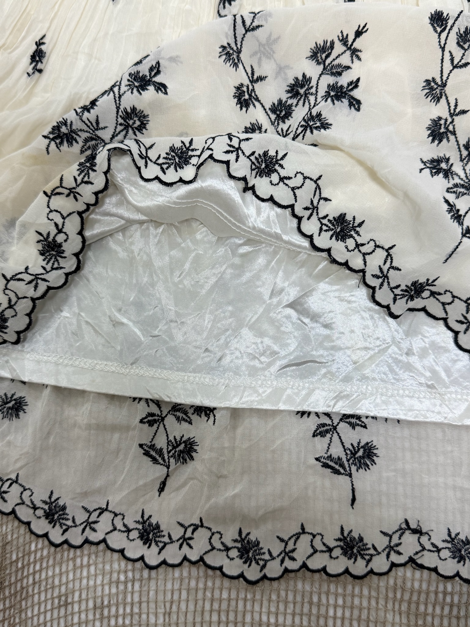 Cream Chiffon Botanical Sprig Plisse Maxi Long Skirt