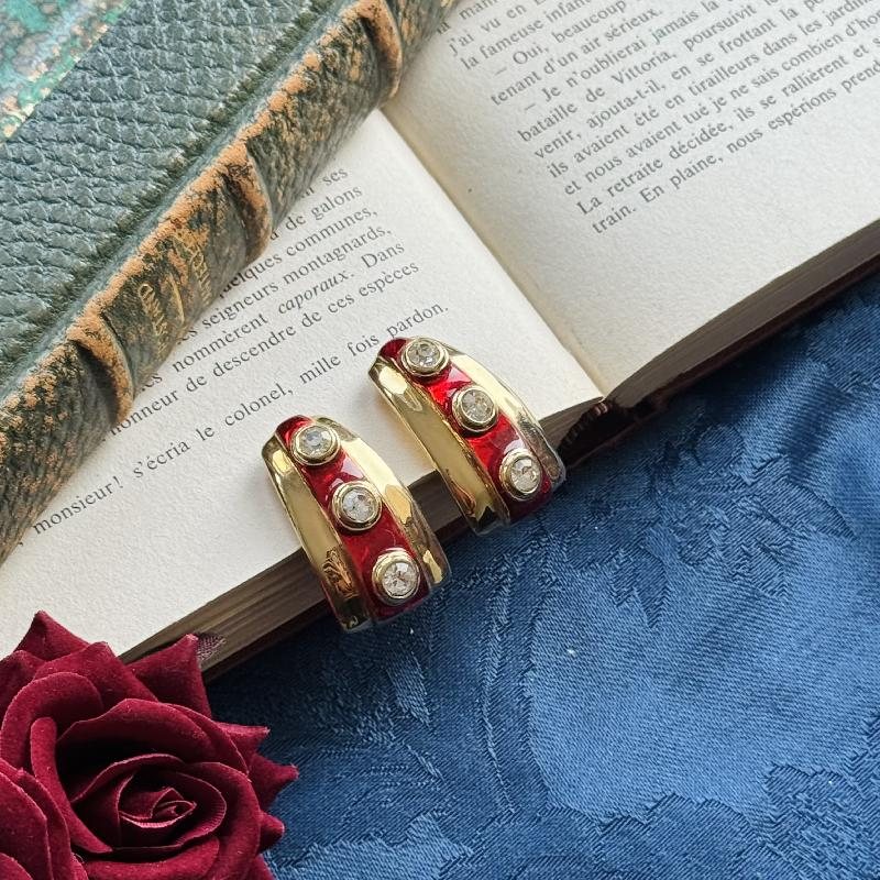 1980s Pop Culture Chic Red Enamel Rhinestone Statement Clip Earrings(MT1847-3)