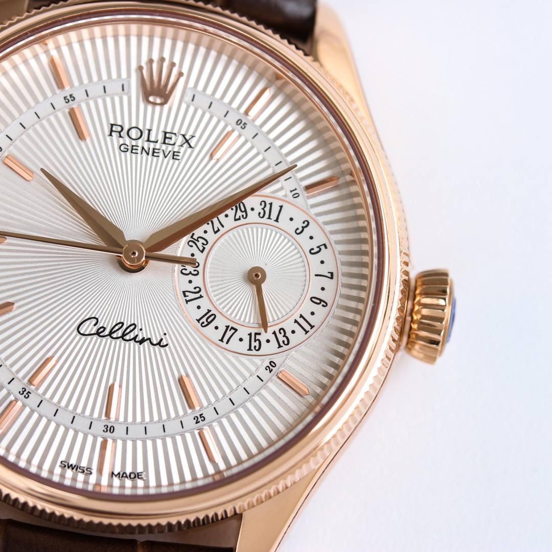 劳力士 ROLEX 切利尼日历型！🎮OT2 强势来袭！真正的机芯功能，跟正品一样的体验，细节方面：切力尼系列 【尺寸】39毫米，厚度11.5毫米！ 【机芯】搭载定制版劳Rolex3165一体机芯，大三针带小针日历功能，功能同原版一致！ 【表壳】316L精钢，顶级电镀厚金+抗氧化保护，还原本质！ 【字面】雕刻波浪纹底制造工艺 纹路立体感超强！🎮 【指针】原装顶级批花工艺！ 【镜面】蓝宝石玻璃水晶镜面！ 【表带+扣子】纹节清晰、顶级全包边工艺柔软的类美洲牛皮表带，同原版针扣方便使用！ 匠心力作 打造正品的体验 给您复刻带来不一样的正品感觉 欢迎各位表友品鉴！🎮