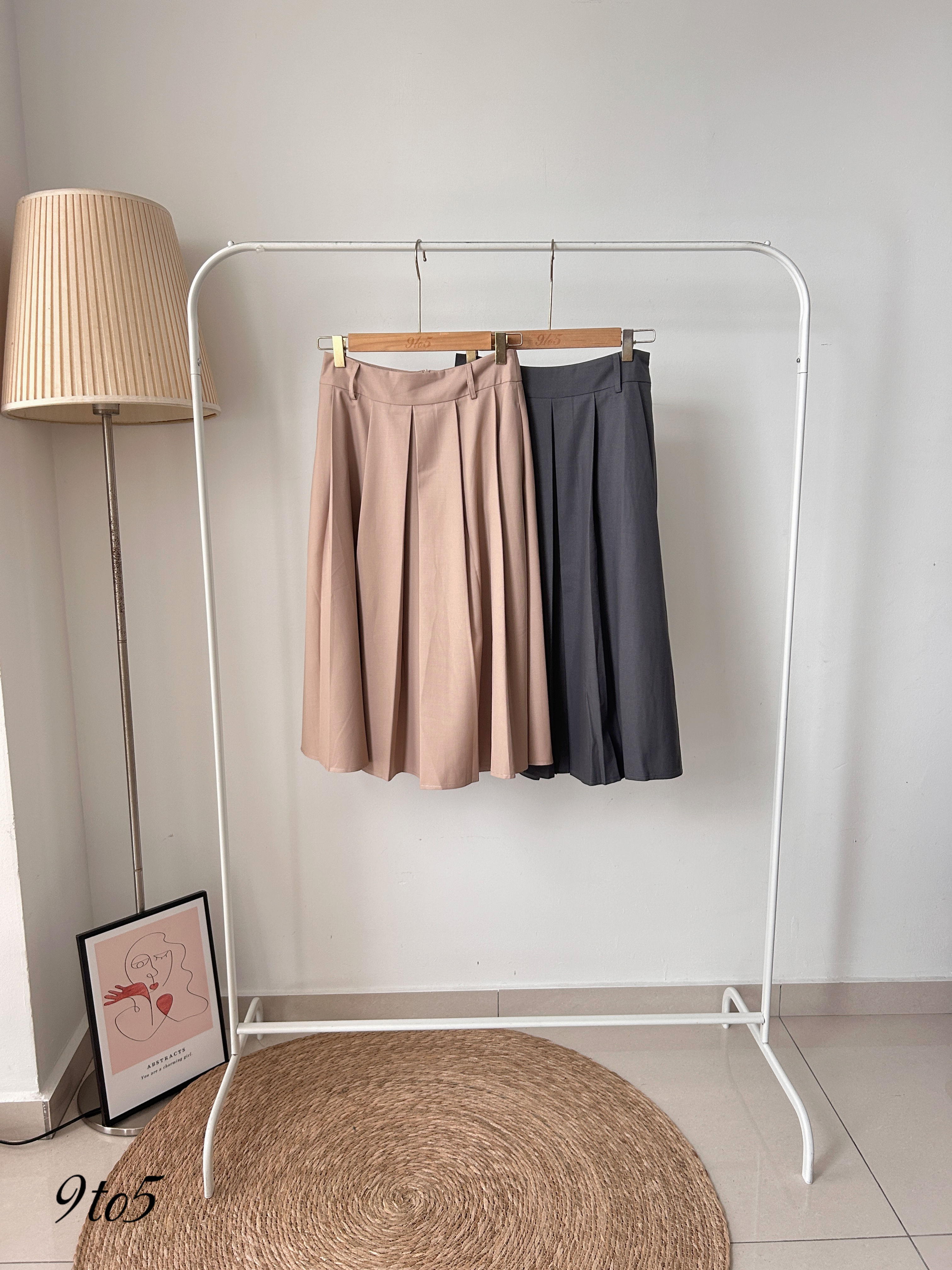 S1809 A Line Midi Skirt - Khaki & Grey
