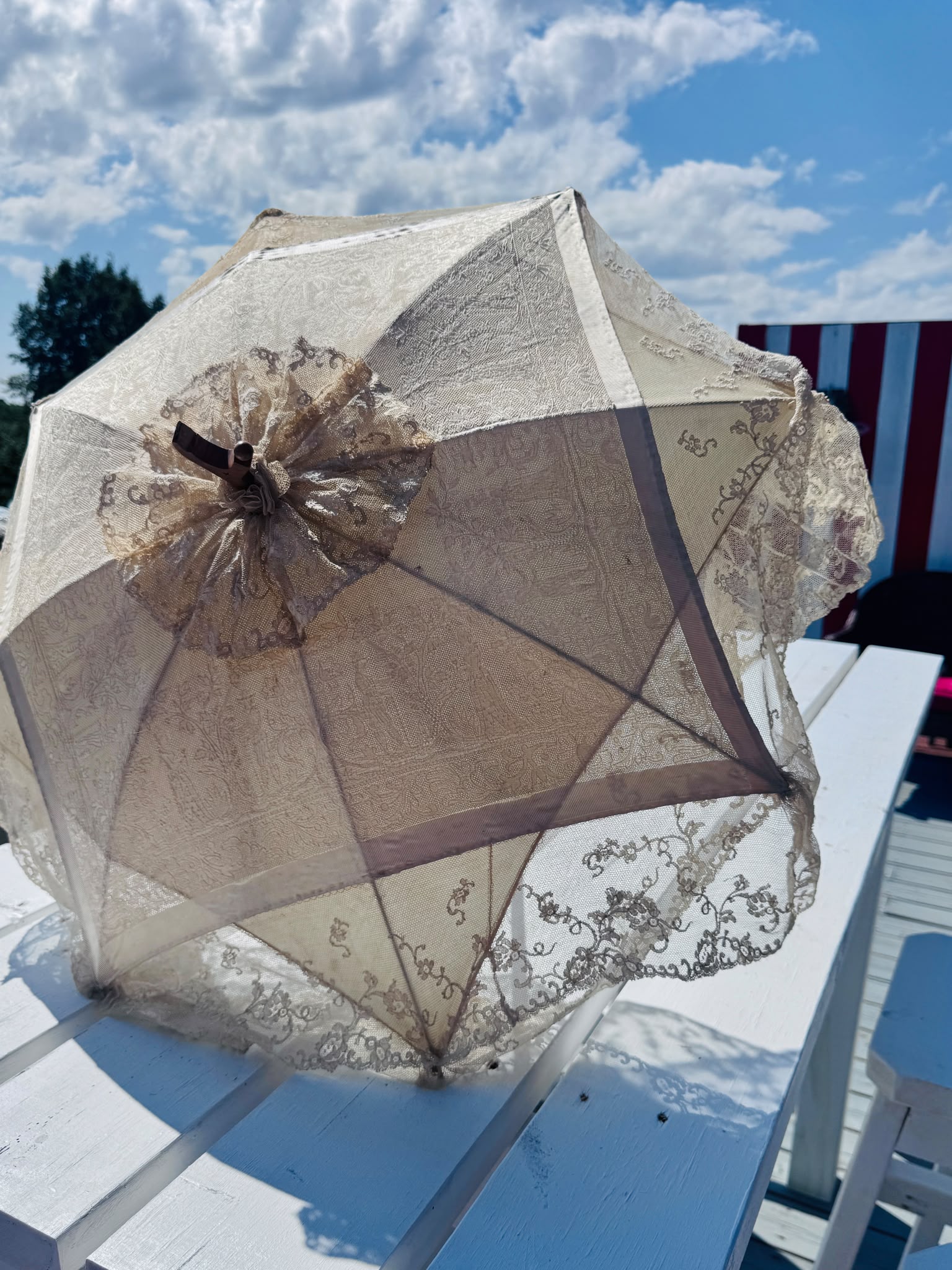 Antique Late Victorian/ Edwardian Lace Parasol with Carved Wooden Handle, c. 1890–1915 (MT2617)