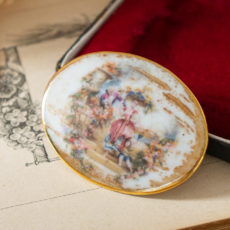 Vintage Romantic Scenic Landscape Picture on Porcelain Brooch (MT1375)