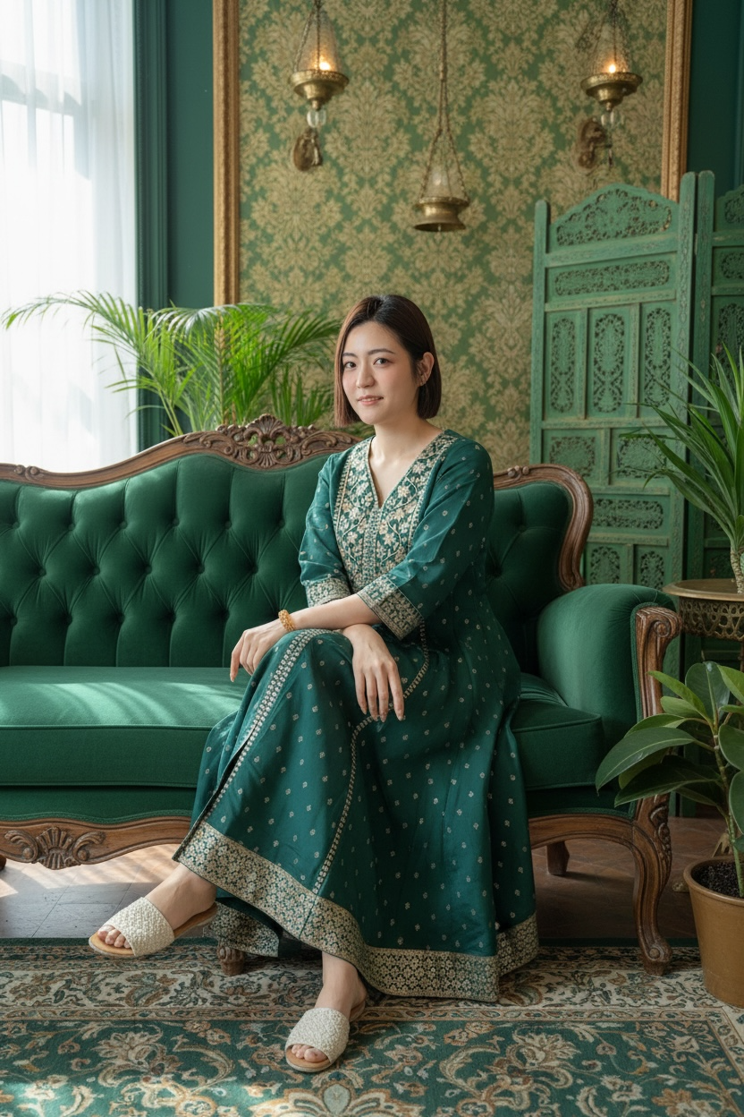 Forest Green V-Neck Gold Emb. OP 47.5" #1447