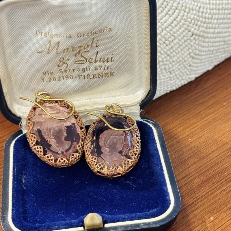 Vintage Recomposed Intaglio "Cameo" Pink Glass Hook Earrings
