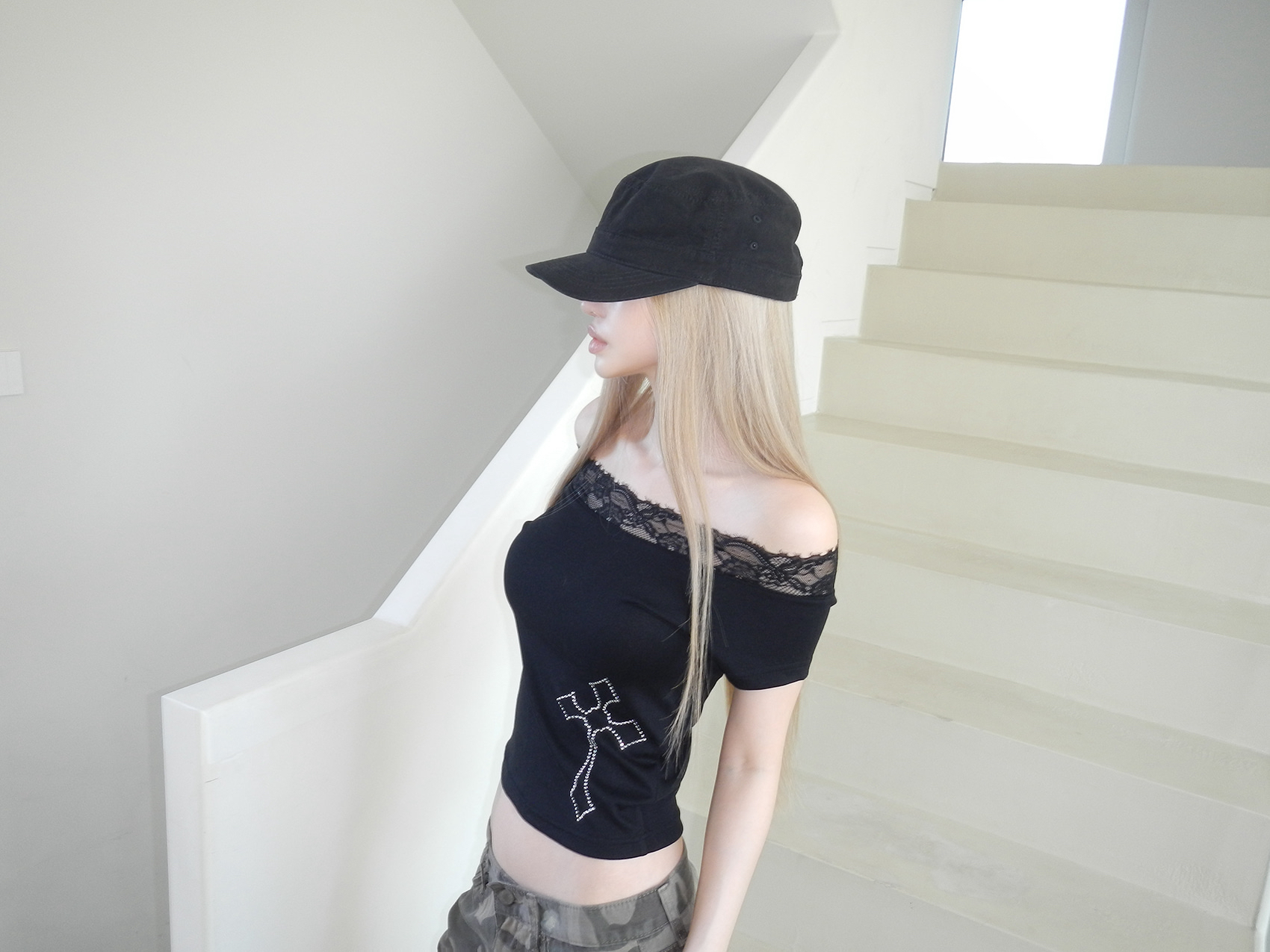 Rhinestone Cross Lace Trim Crop Top