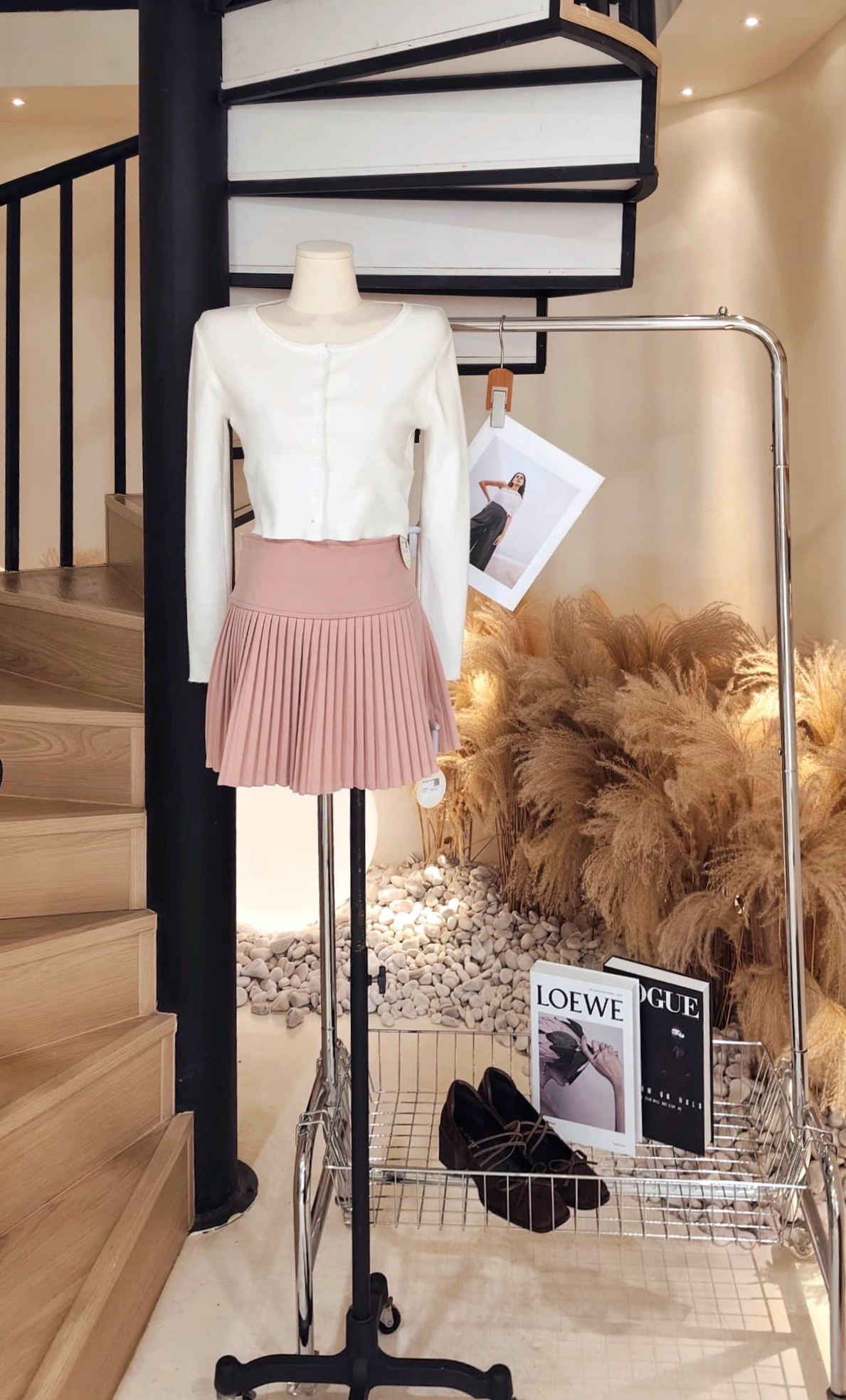 粉粉高腰百褶短裙