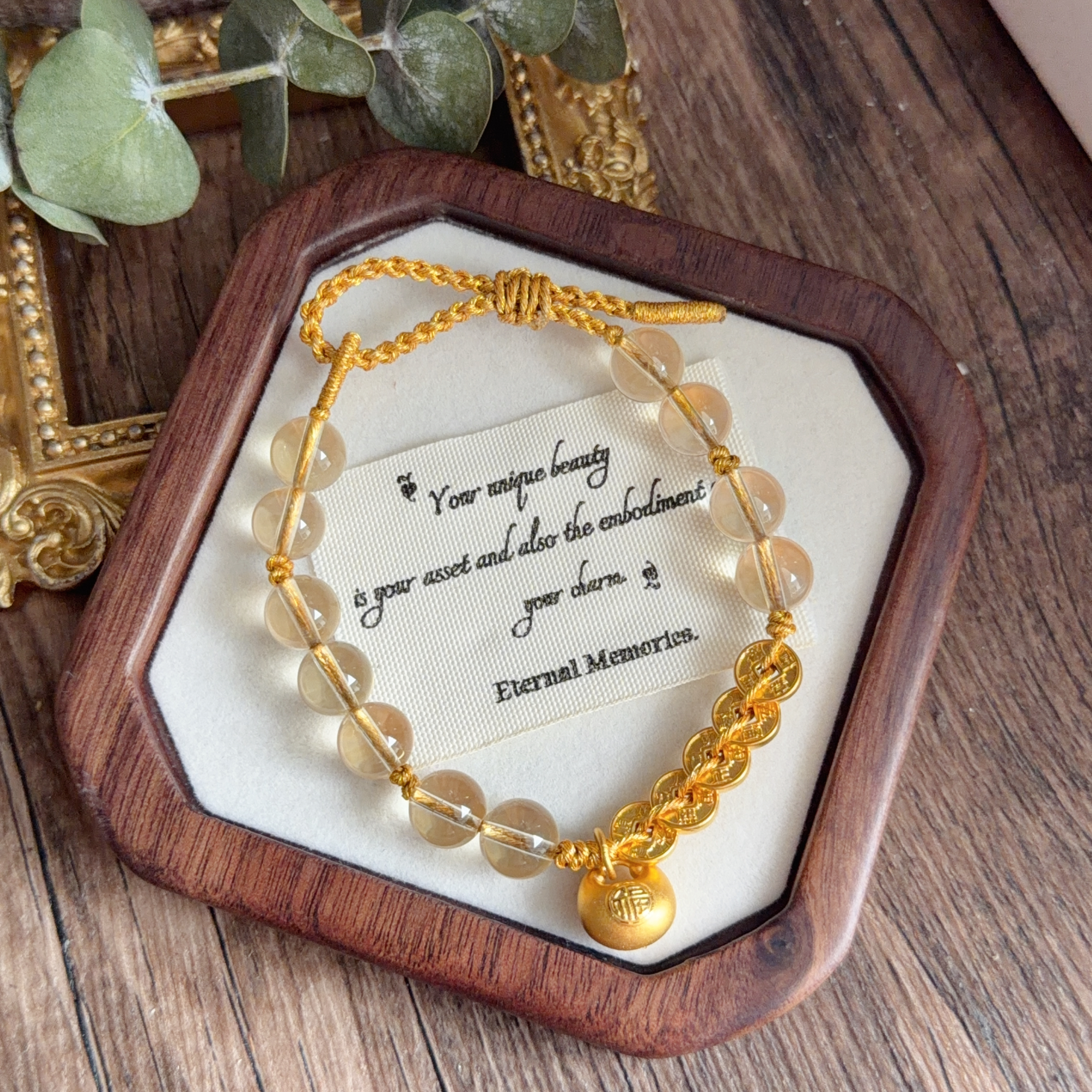 8mm高質黃水晶襯999足金五帝錢&小福袋