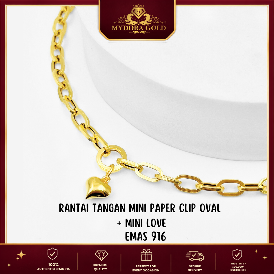 MYDORA Rantai Tangan Mini Paper Clip Oval + Mini love l EMAS 916/22K