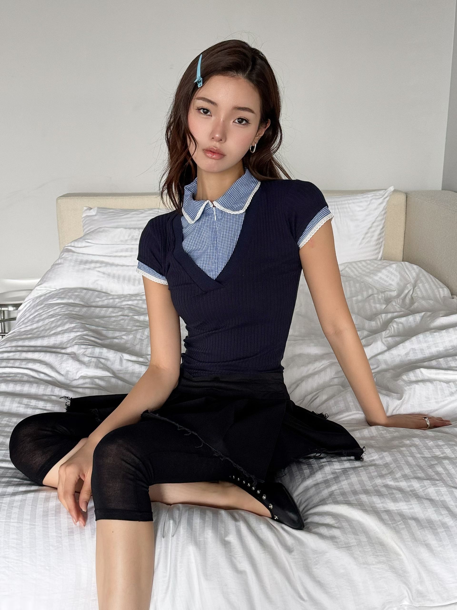 Layered Gingham V-Neck Ribbed Top