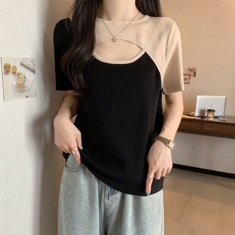 B02(882) 韩版气质拼接撞色肩袖前部镂空灰杏针织上衣