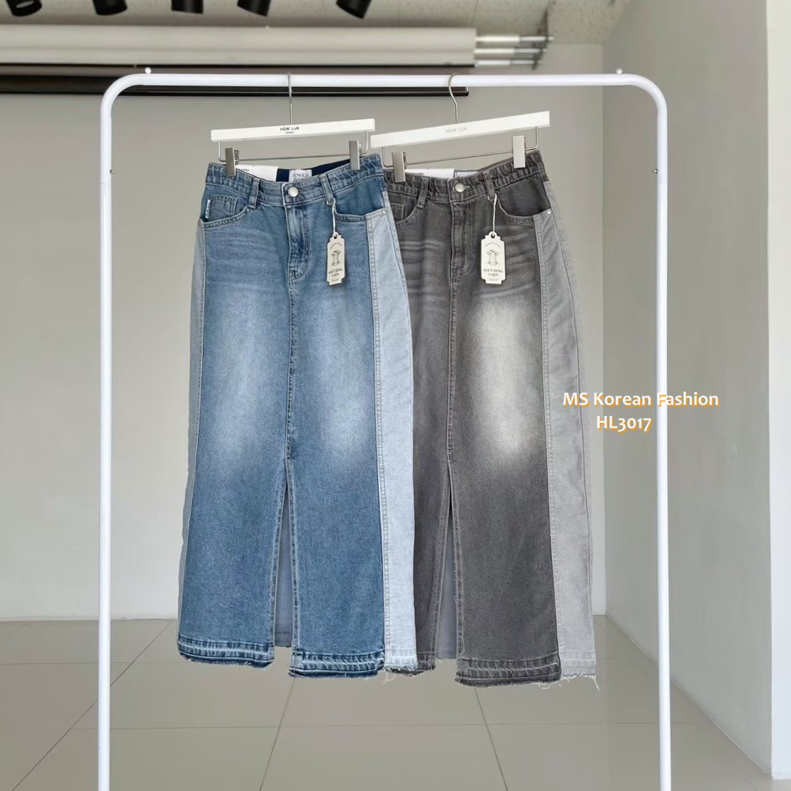 HL3017 韓國🌼Howluk前開叉拼色中長牛裙