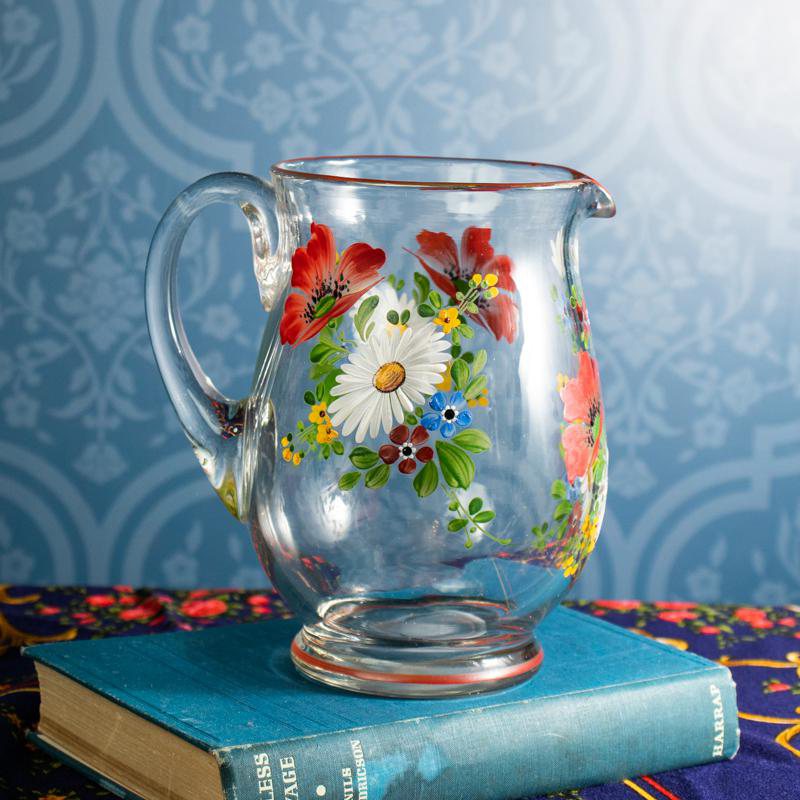 C.a. 1920s Art Deco Czechoslovakia Hand-painted Folk Floral Pattern Czech Water Jug/Pitcher (GE006)