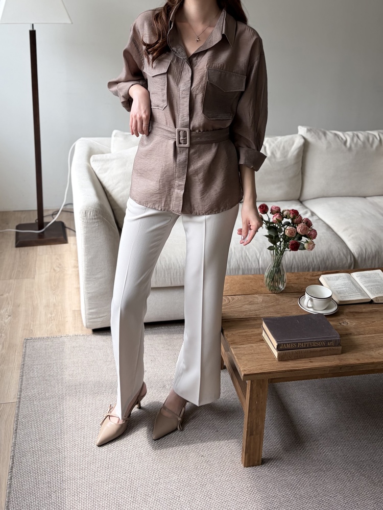 Feminine Belted Pocket Blouse (Brown)