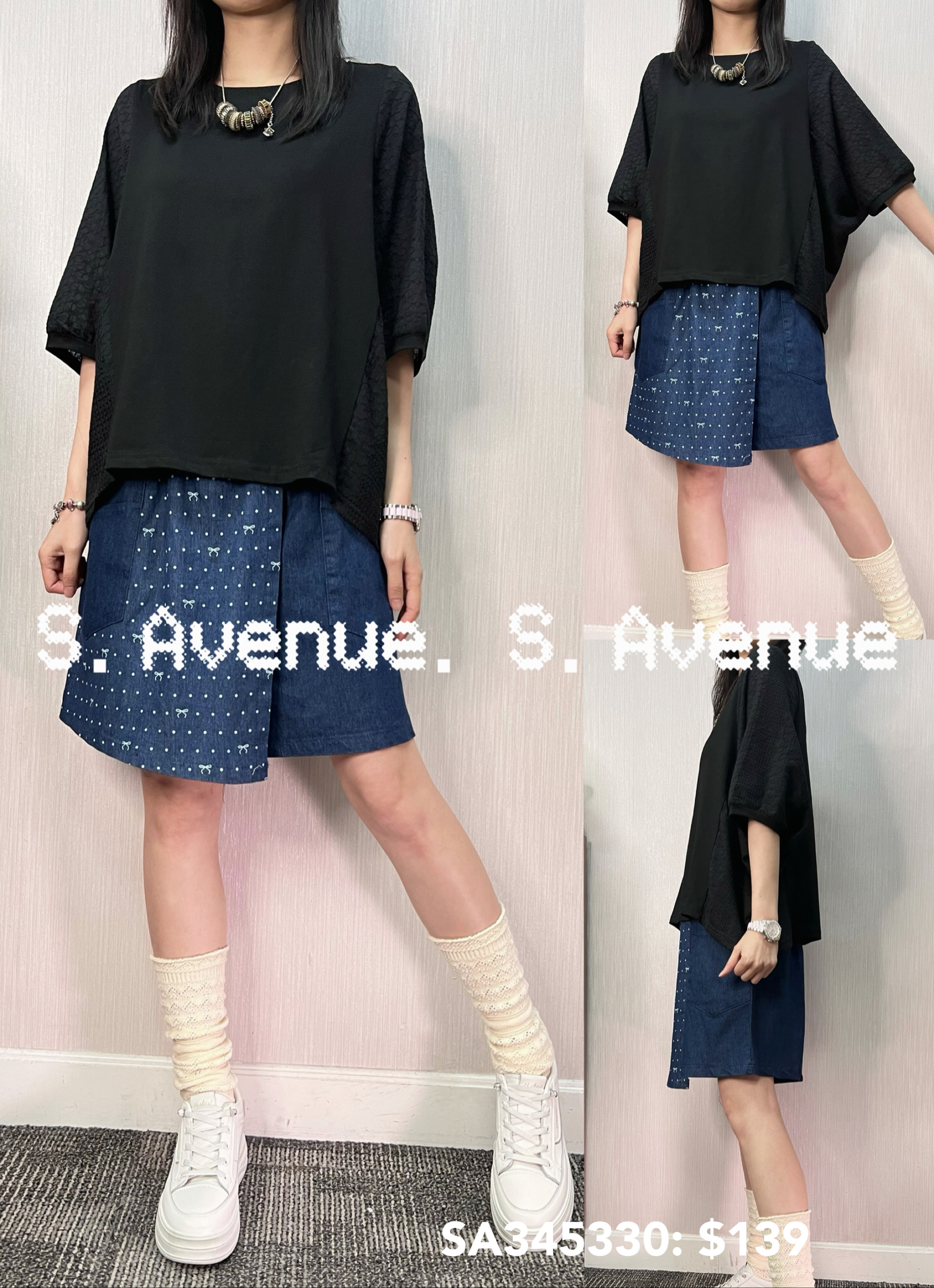 SA345330: 袖拼勾花蝙蝠tee