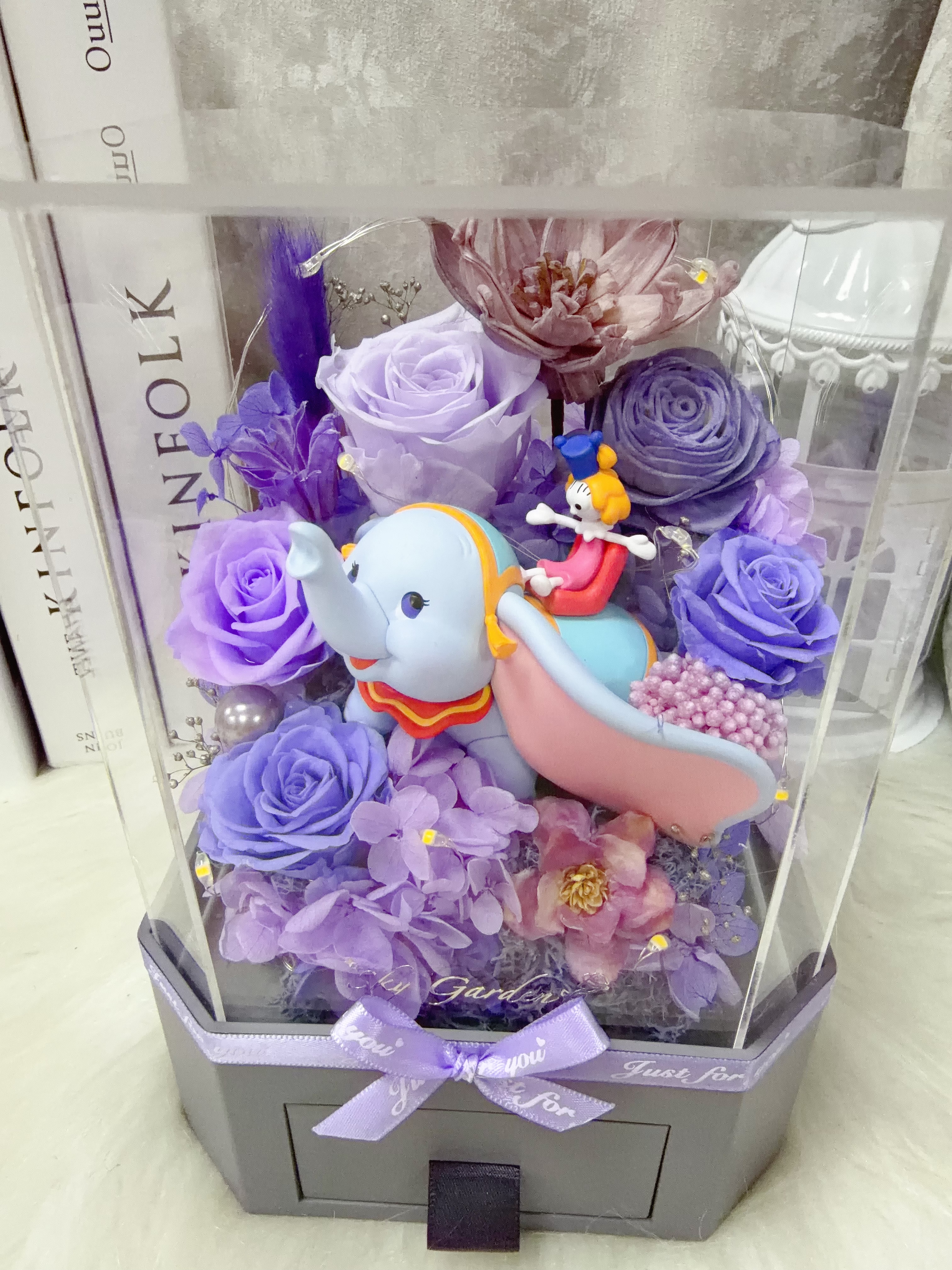 小飛象紫色永生花飾物八角花盒