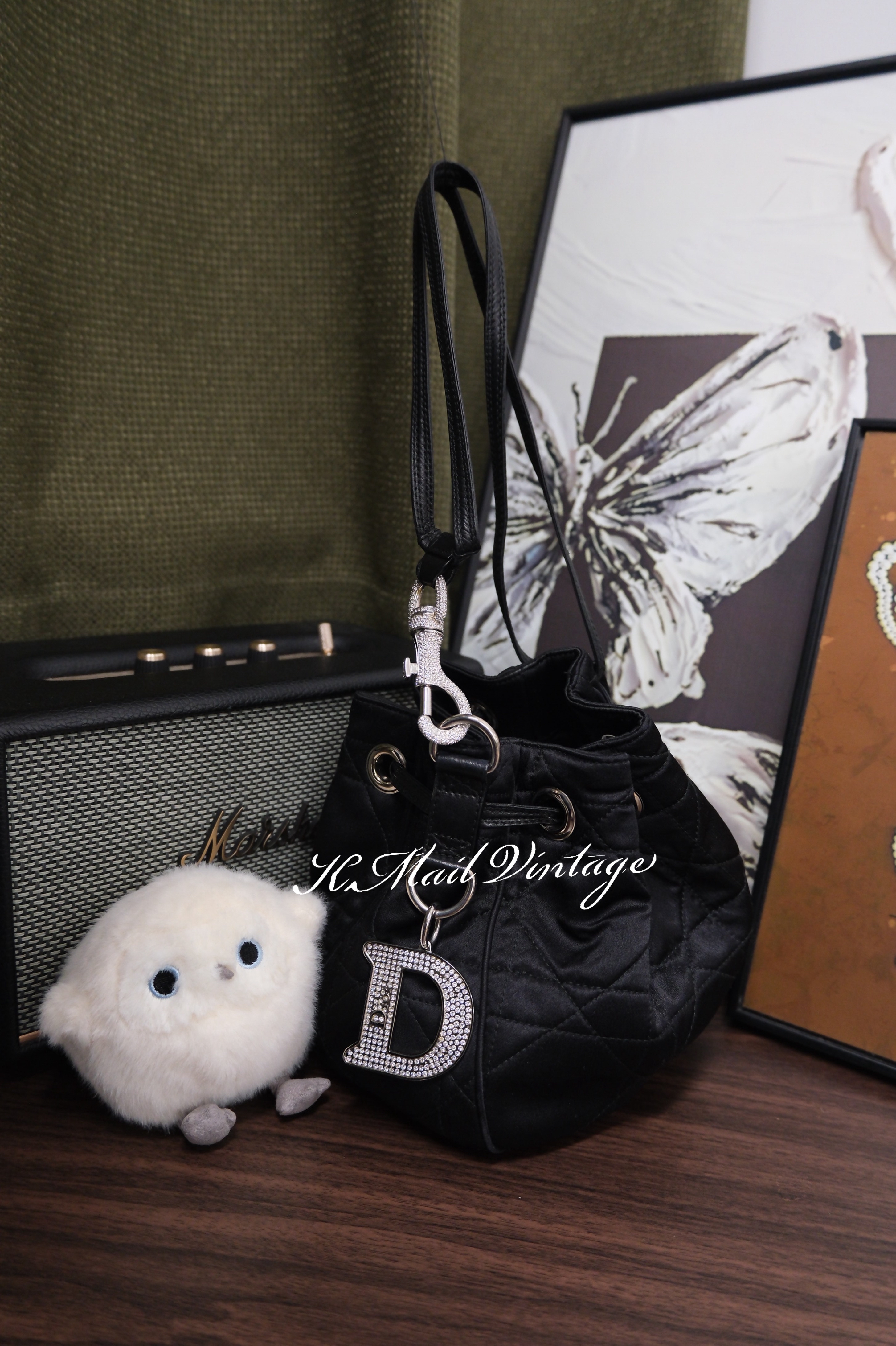 Dior Cannage silk satin x leather Hand bag Black