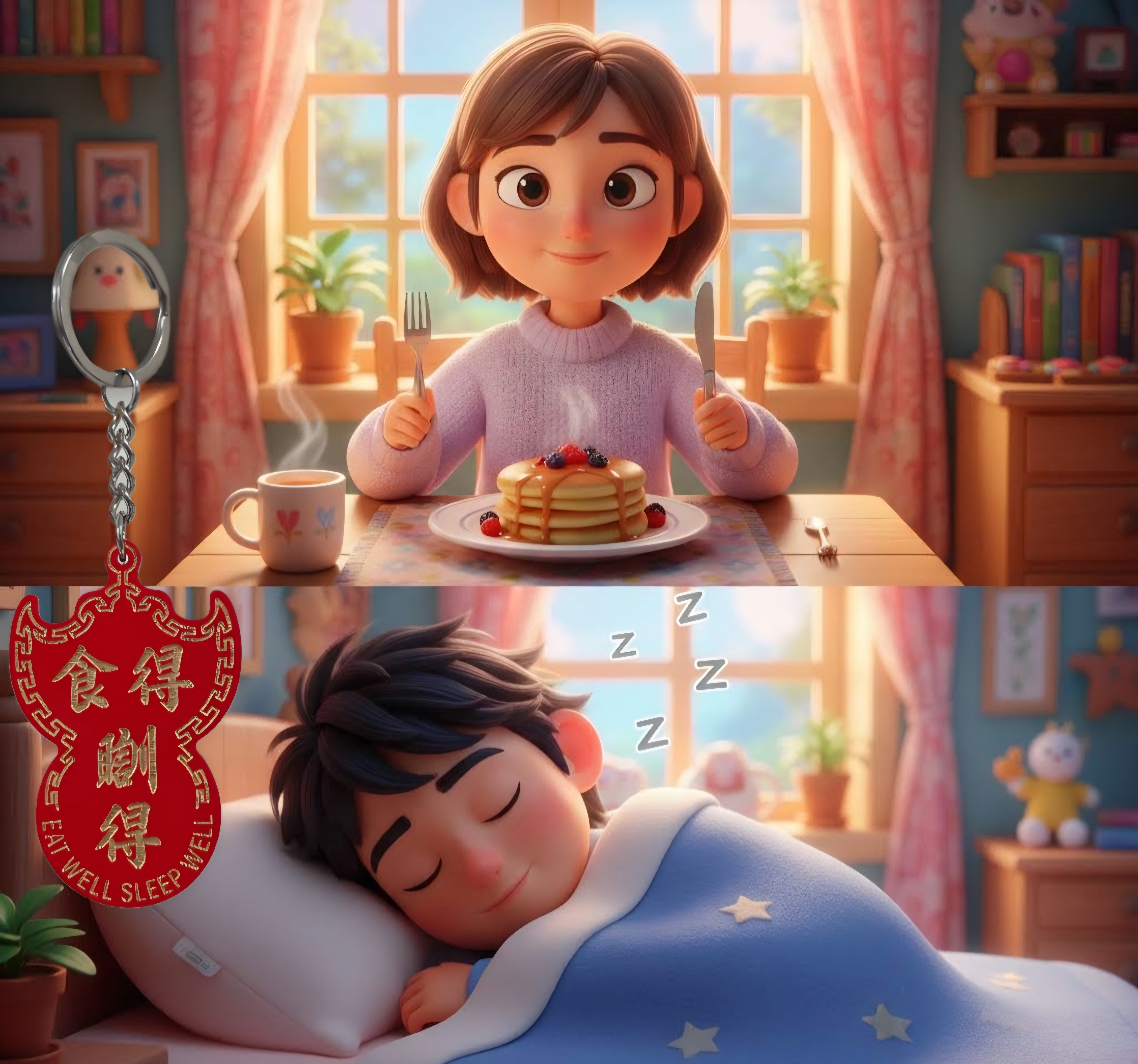 W57 喜慶蝠鼠吊金錢系列匙扣 食得瞓得 EAT WELL SLEEP WELL