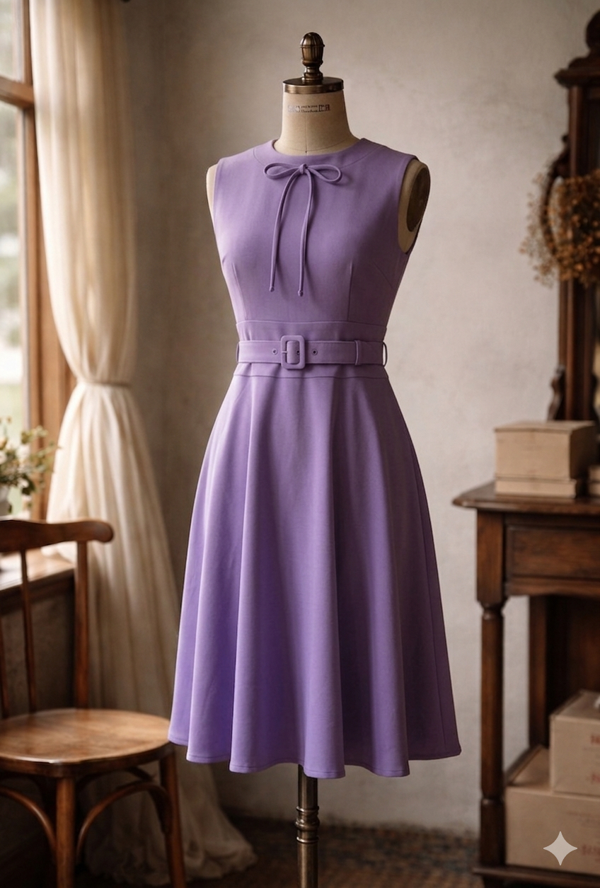(Ready-Made) 1950s Design Lavender Dream with belt and vintage button (FM211)
