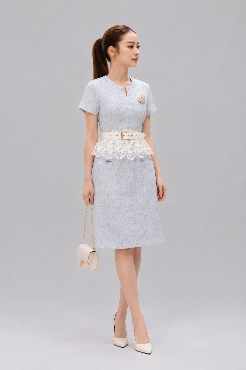 26623-1 Elegant Floral Accent Midi Dress