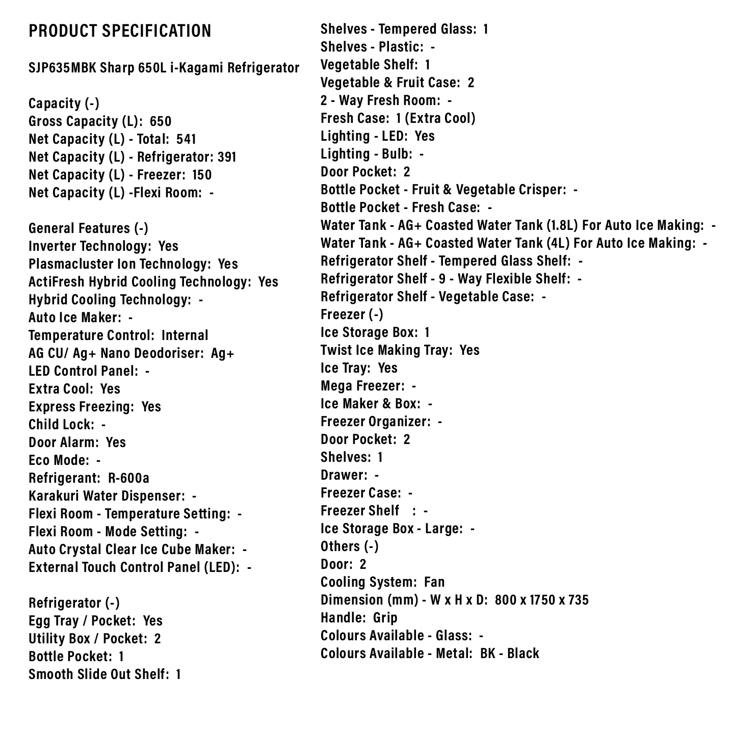 Sharp 650L i-Kagami 2-Door Refrigerator (SJP635MBK)