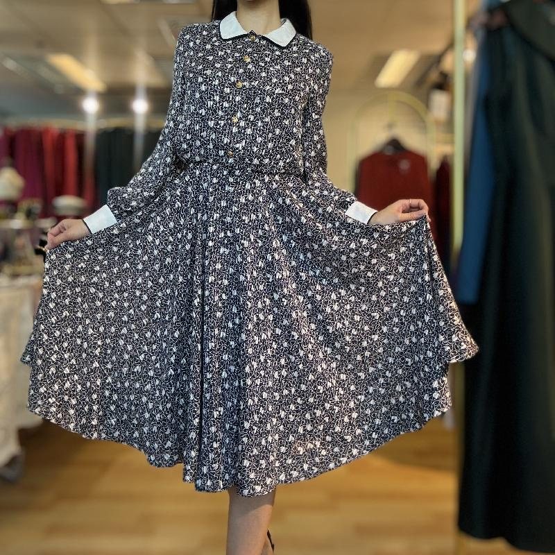 Vintage Japanese Pattern Swing Dress with White Collar and Cuff (PP001-29)