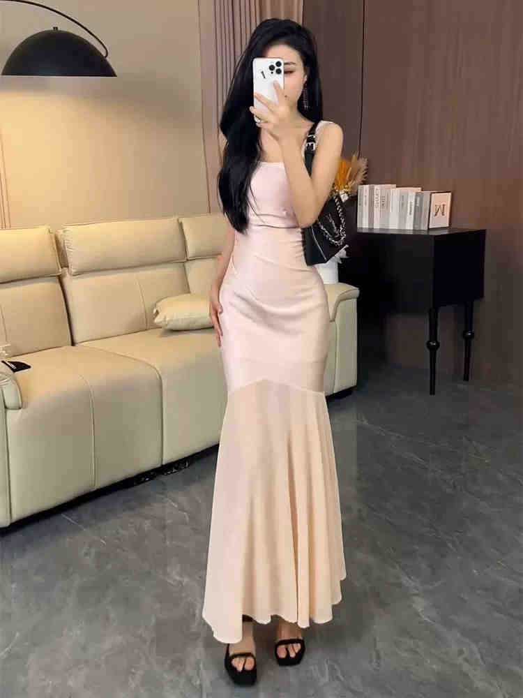 DR387拼接缎面长裙